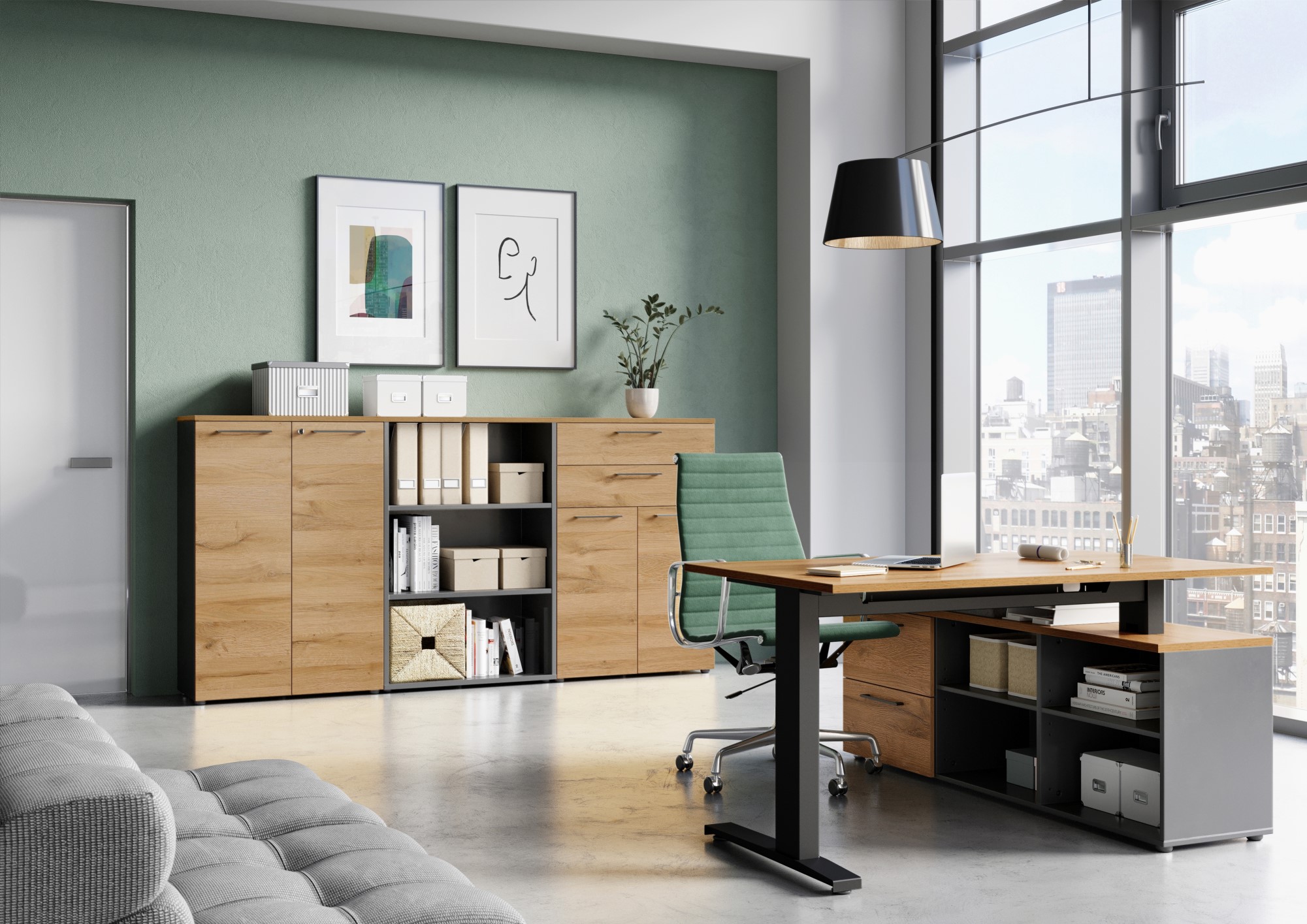 Classeur bas Osmond 80cm à 2 portes & 2 tiroirs - chêne/graphite - Image 4