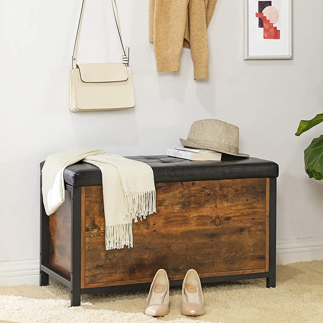 Coffre Nelis avec assise capitonnée - brun rustique/noir - Image 1