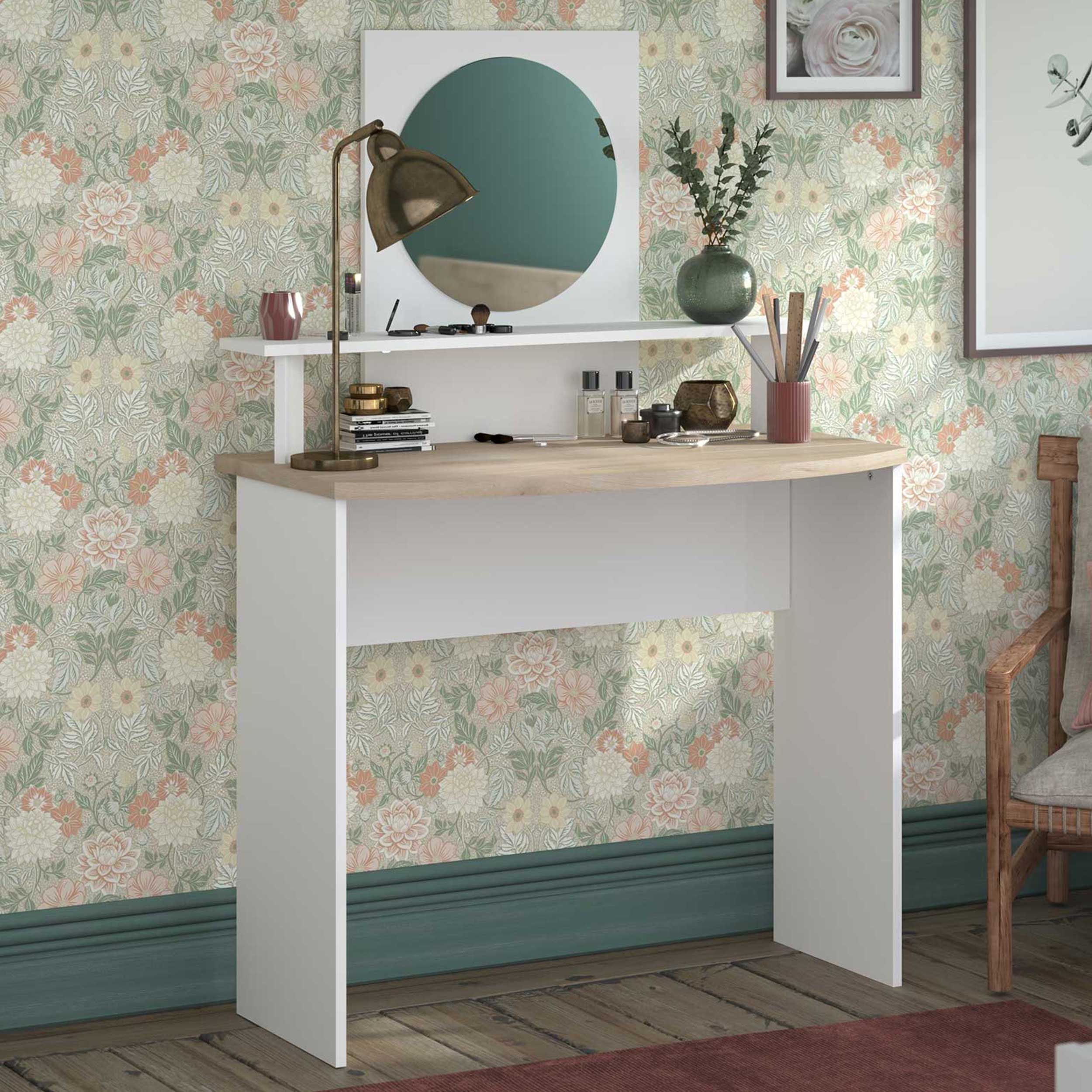 Coiffeuse Hardy-136cm-avec miroir-blanc/chêne