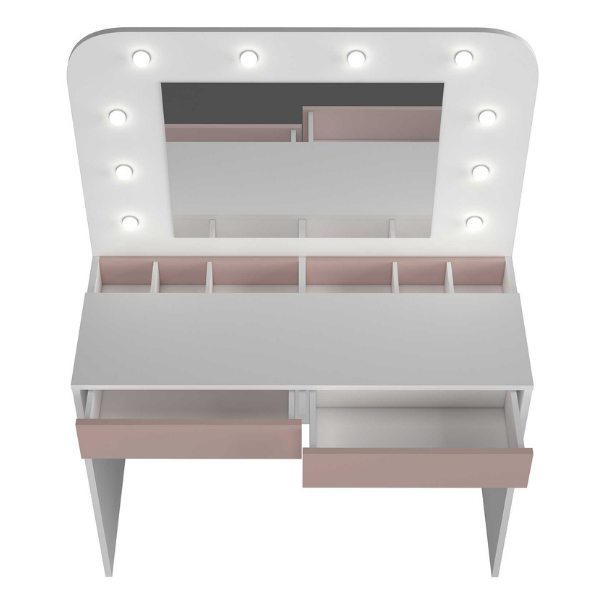 Coiffeuse Holly avec miroir et éclairage 2 tiroirs aggloméré - blanc/rose - Image 6