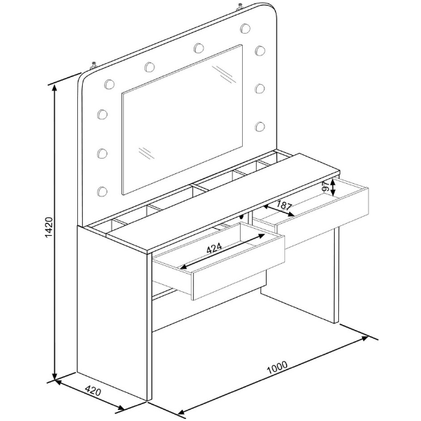 Coiffeuse Holly avec miroir et éclairage 2 tiroirs aggloméré - blanc - Image 2