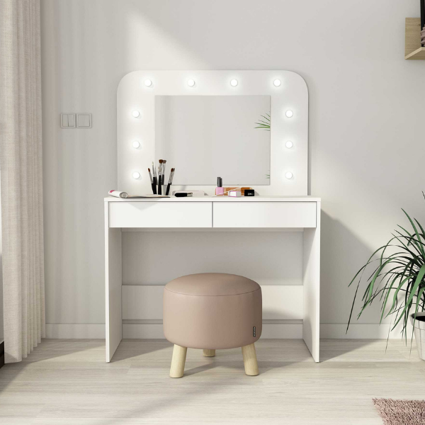 Coiffeuse Holly avec miroir et éclairage 2 tiroirs aggloméré - blanc - Image 3