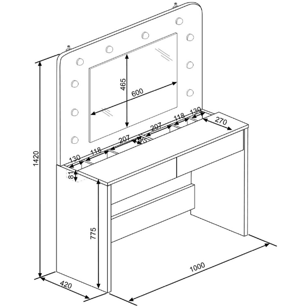 Coiffeuse Holly avec miroir et éclairage 2 tiroirs aggloméré - blanc - Image 4