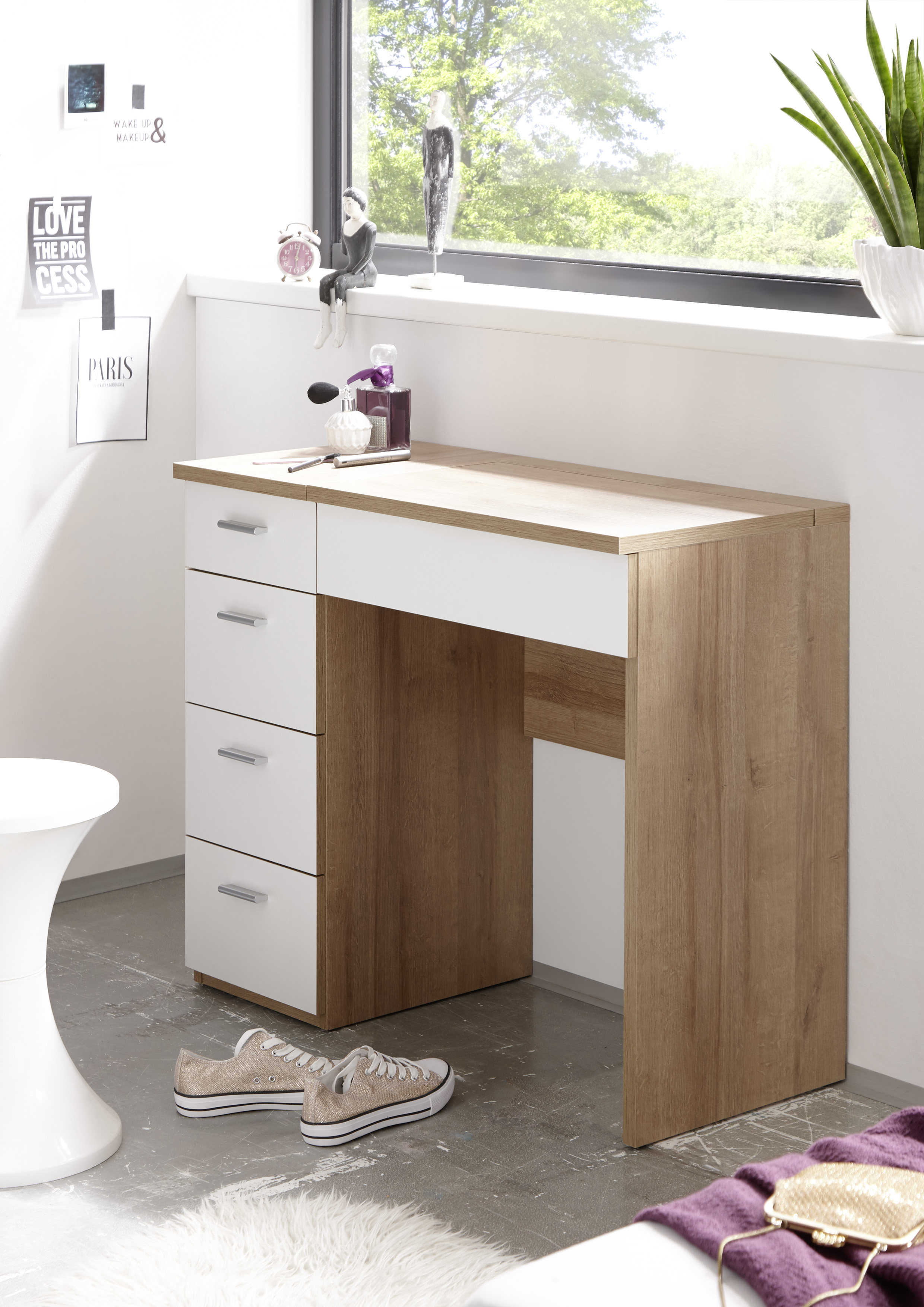 Coiffeuse Loïs 90cm 1 porte & 4 tiroirs - décor en chêne clair/ blanc - Image 2