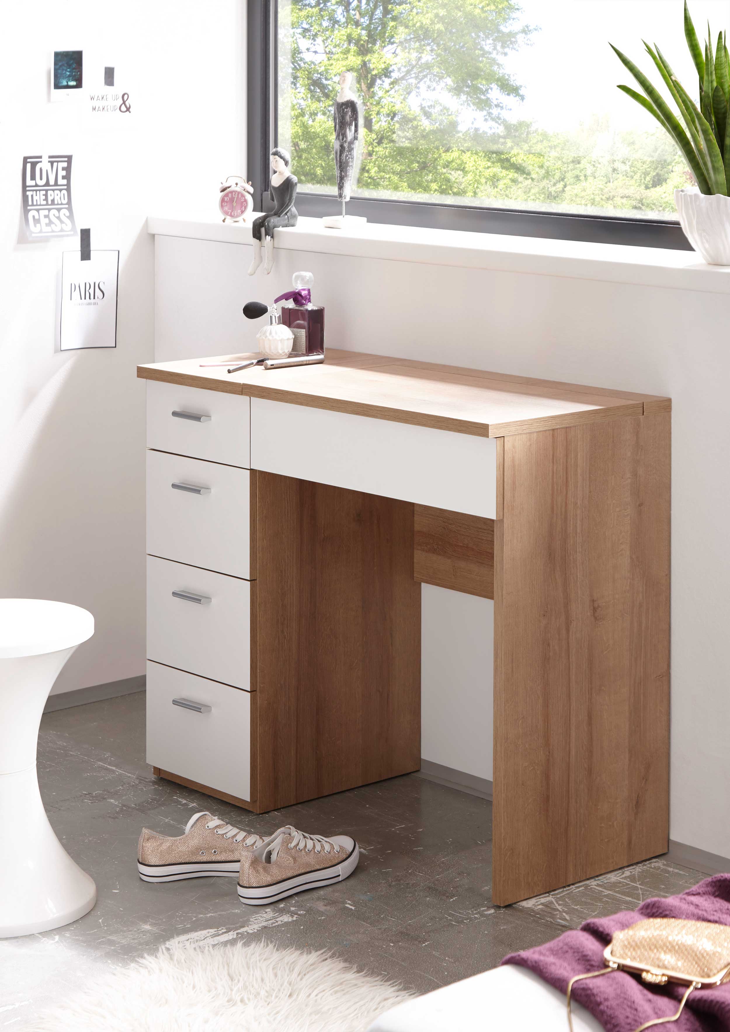 Coiffeuse Loïs 90cm 1 porte & 4 tiroirs - décor en chêne clair/ blanc - Image 5