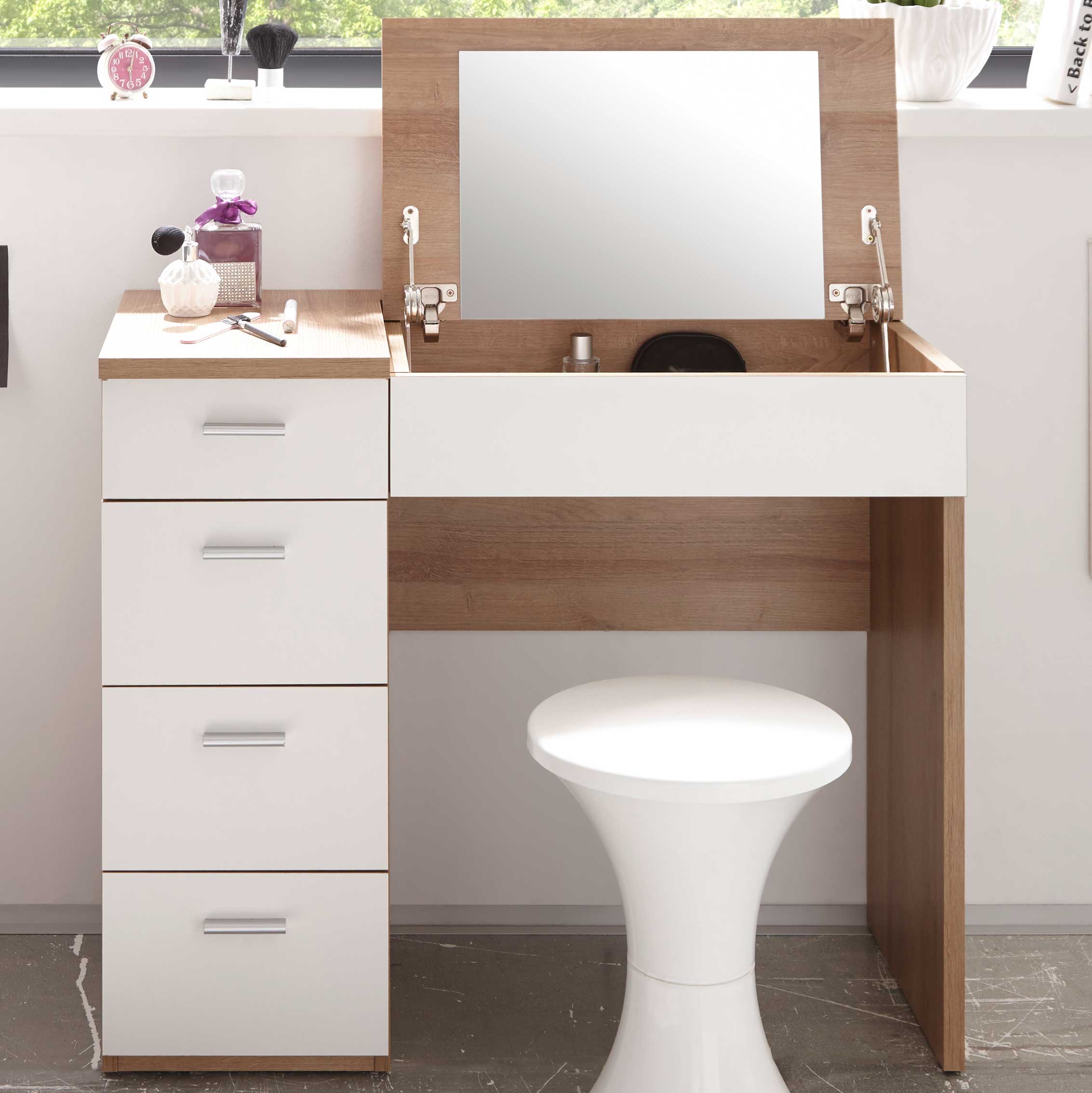 Coiffeuse Loïs 90cm 1 porte & 4 tiroirs - décor en chêne clair/ blanc