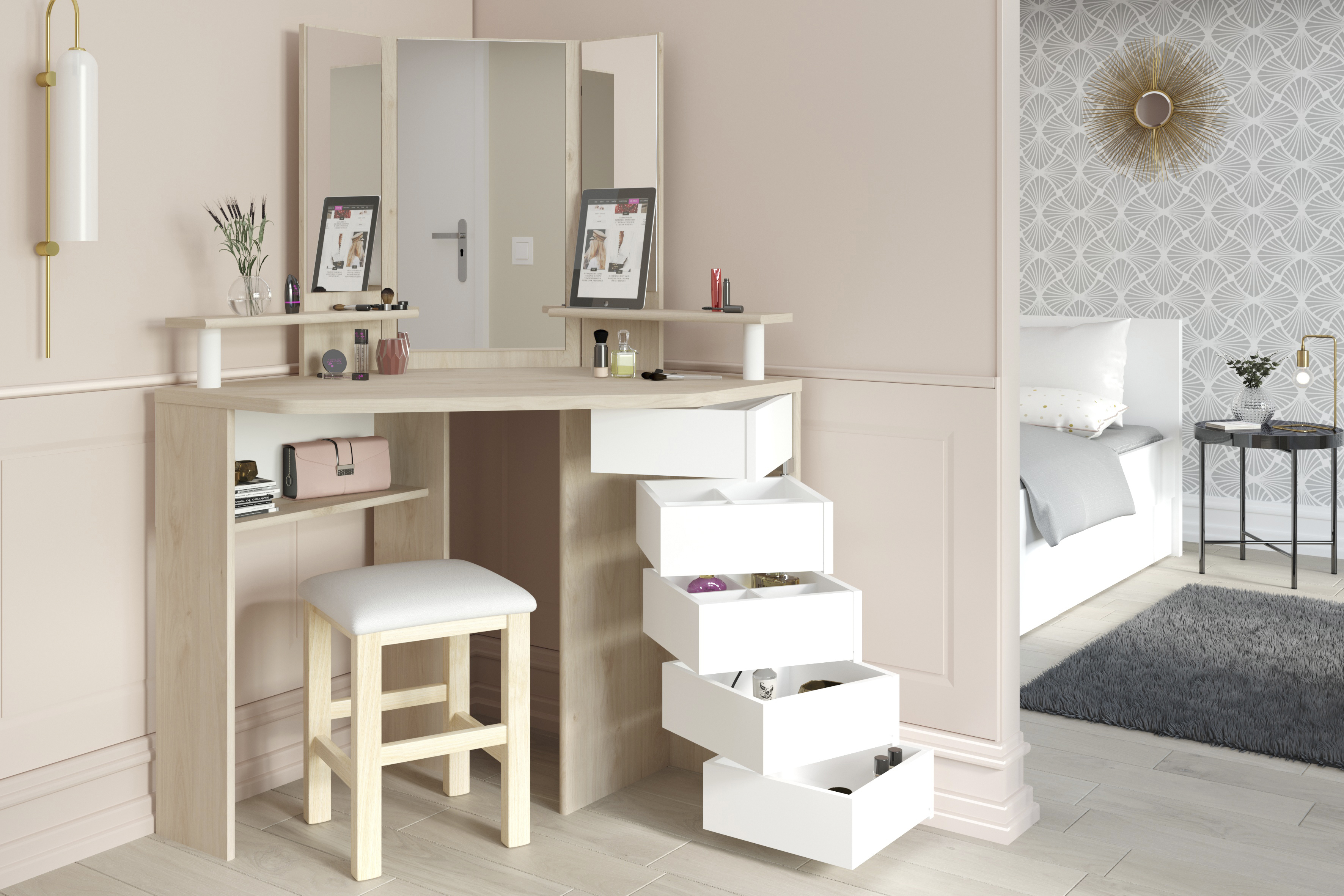 Coiffeuse Sweet avec miroir - chêne/blanc - Image 1