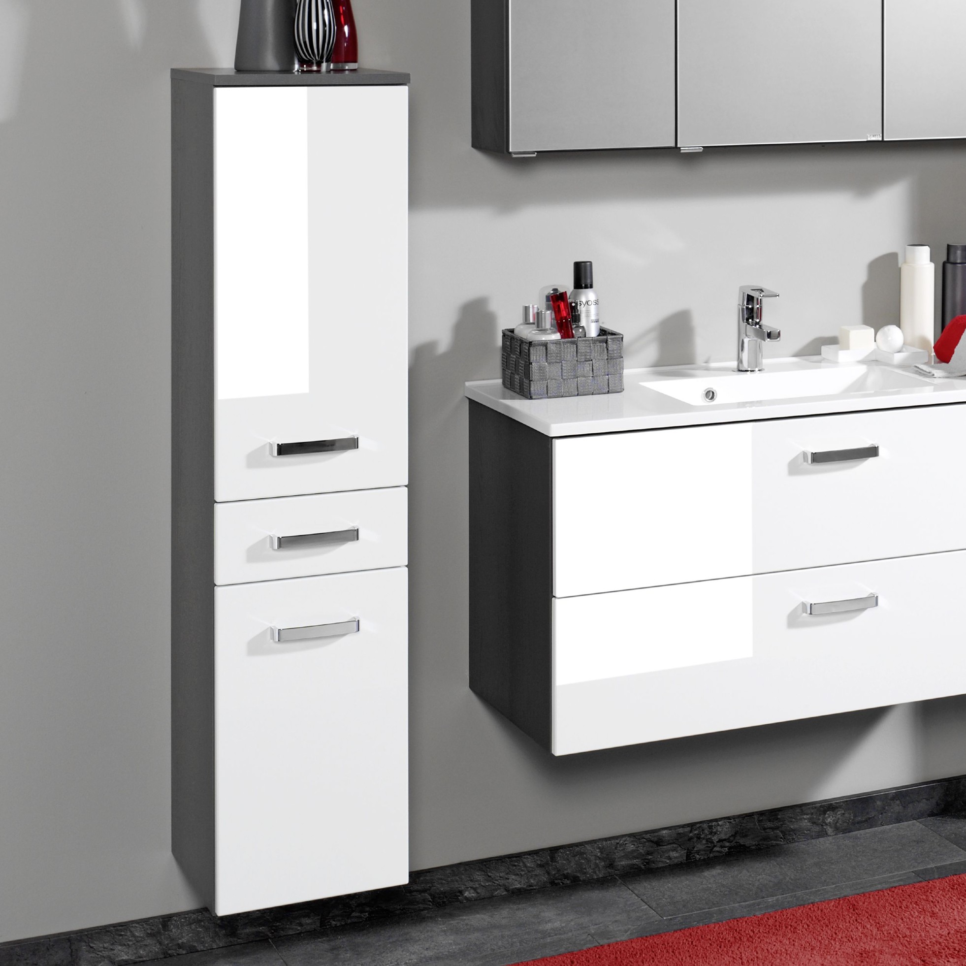 Colonne Bobbi basse 30cm 2 portes et 1 tiroir - graphite/blanc brillant - Image 1