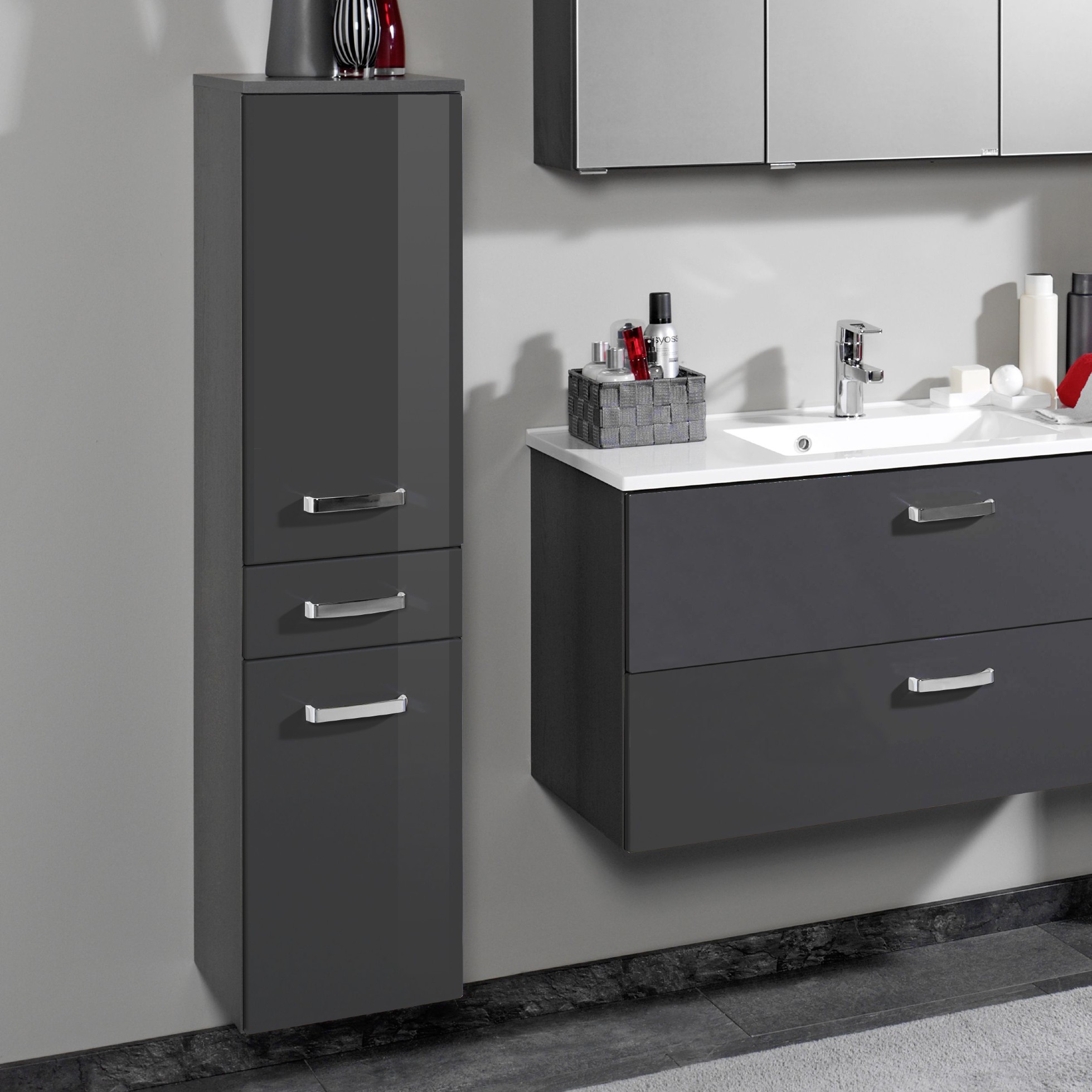 Colonne Bobbi basse 30cm 2 portes et 1 tiroir - graphite/gris brillant