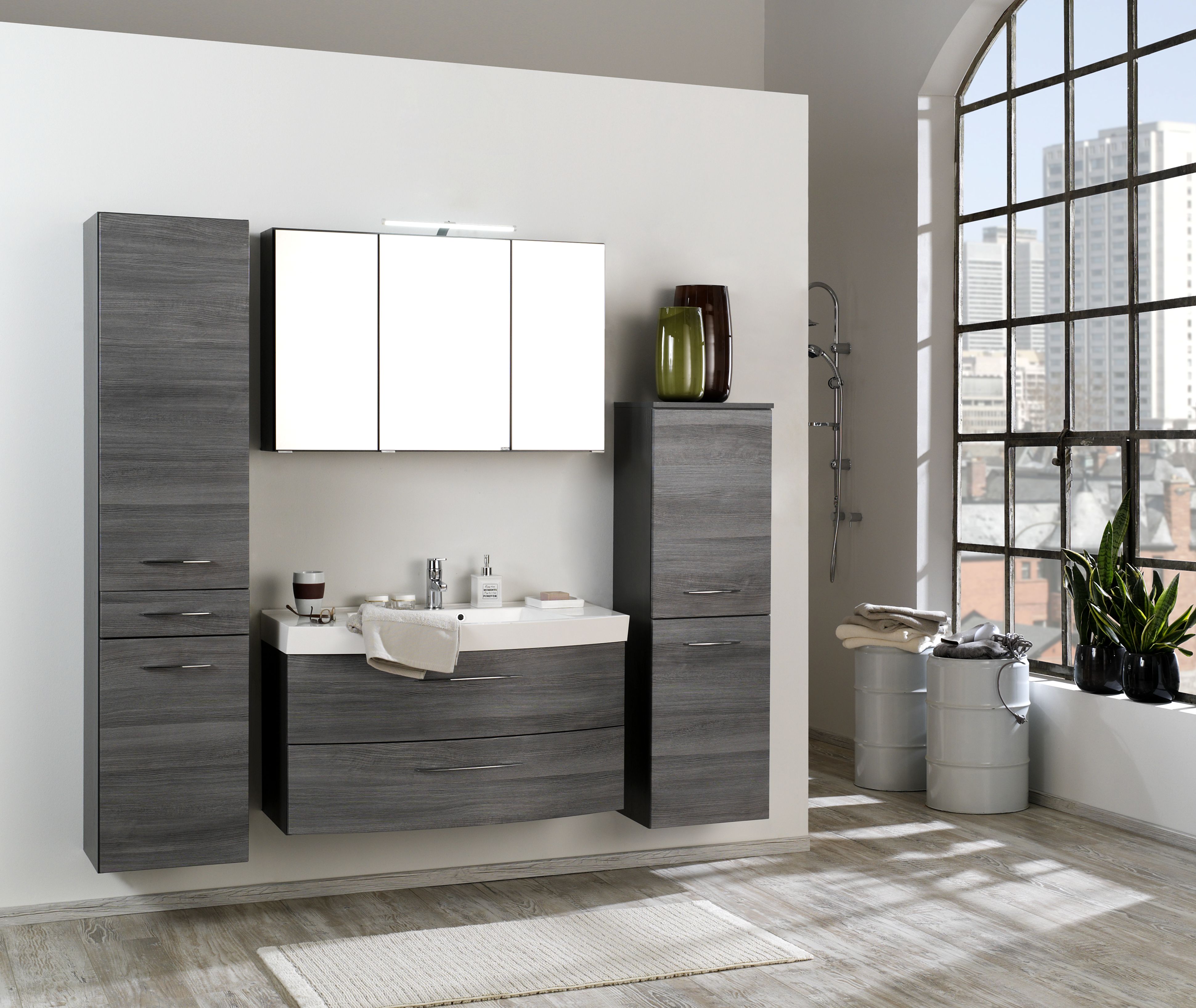 Colonne Florent 40cm avec 2 portes & tiroir - graphite/chêne gris - Image 3