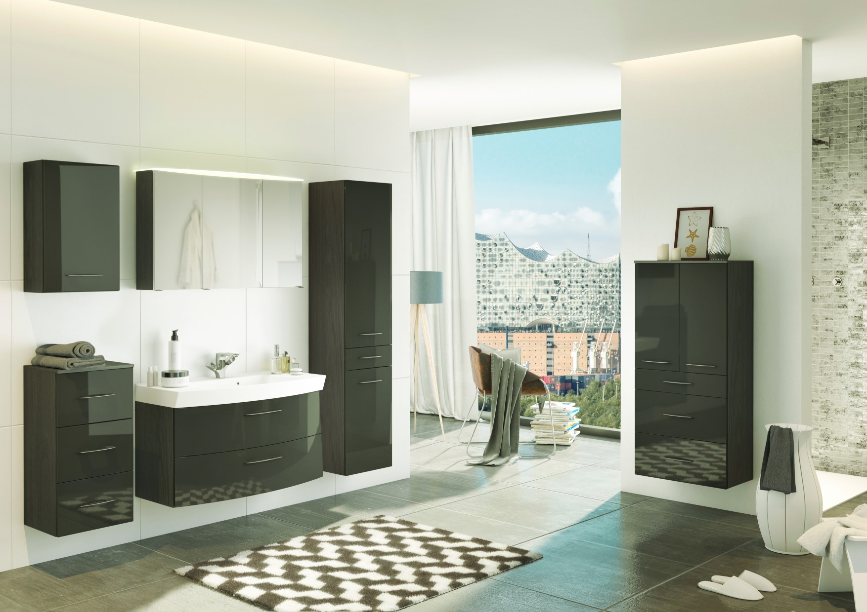 Colonne Florent 40cm avec 2 portes & tiroir - graphite/gris brillant - Image 2