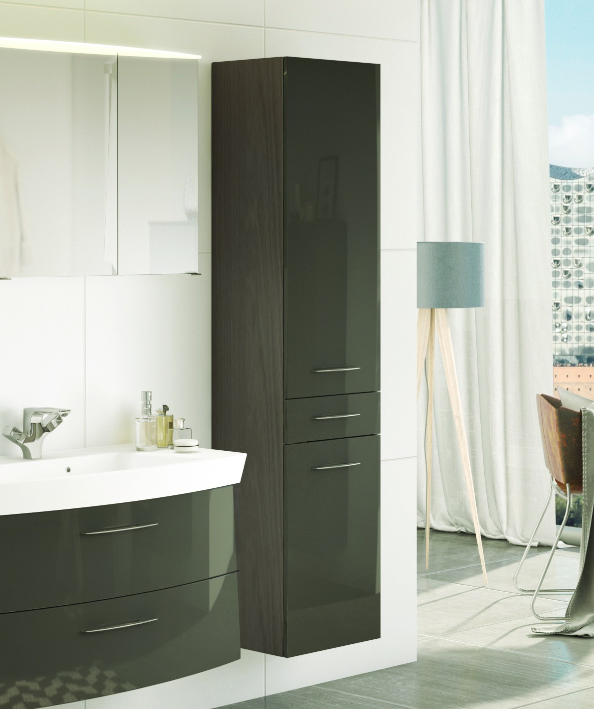 Colonne Florent 40cm avec 2 portes & tiroir - graphite/gris brillant - Image 1