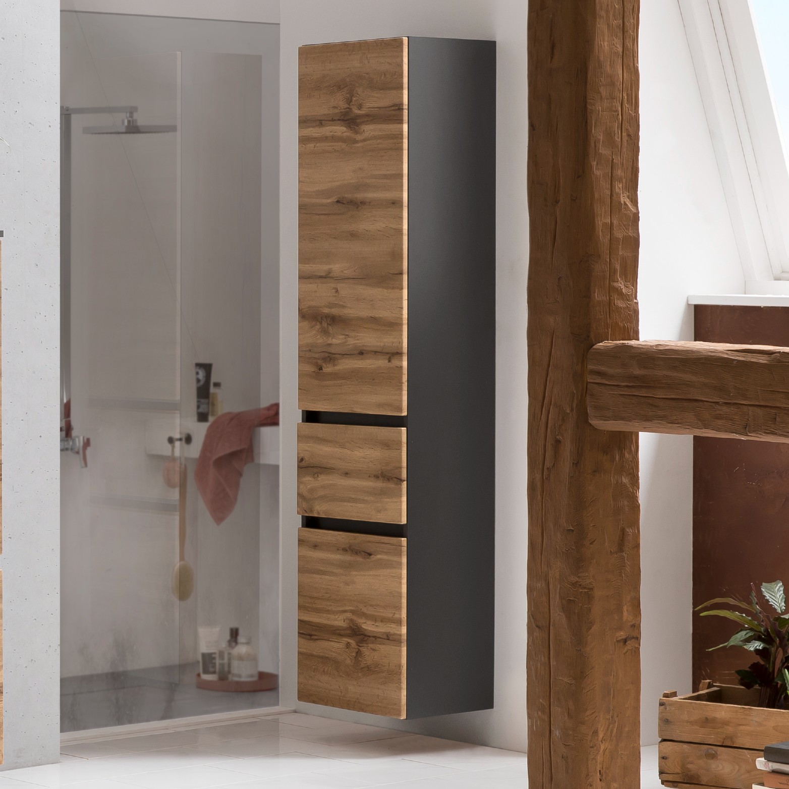 Colonne Kornel/Luna 40cm 2 portes & 1 tiroir - gris graphite/chêne - Image 1