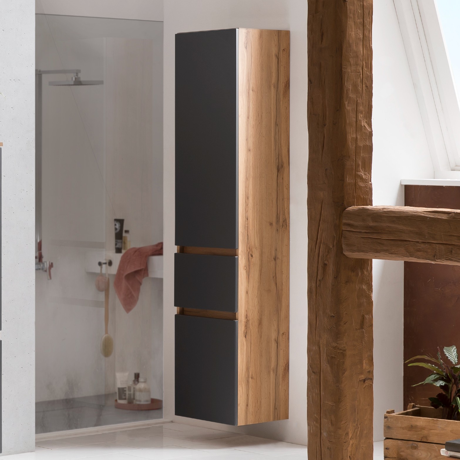 Colonne Kornel/Luna 40cm 2 portes & 1 tiroir - chêne/gris mat