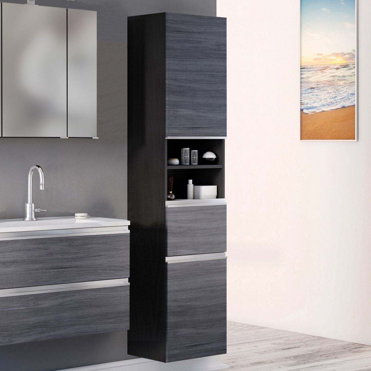 Colonne Lotuk haute avec 2 portes & 1 tiroir - chêne gris