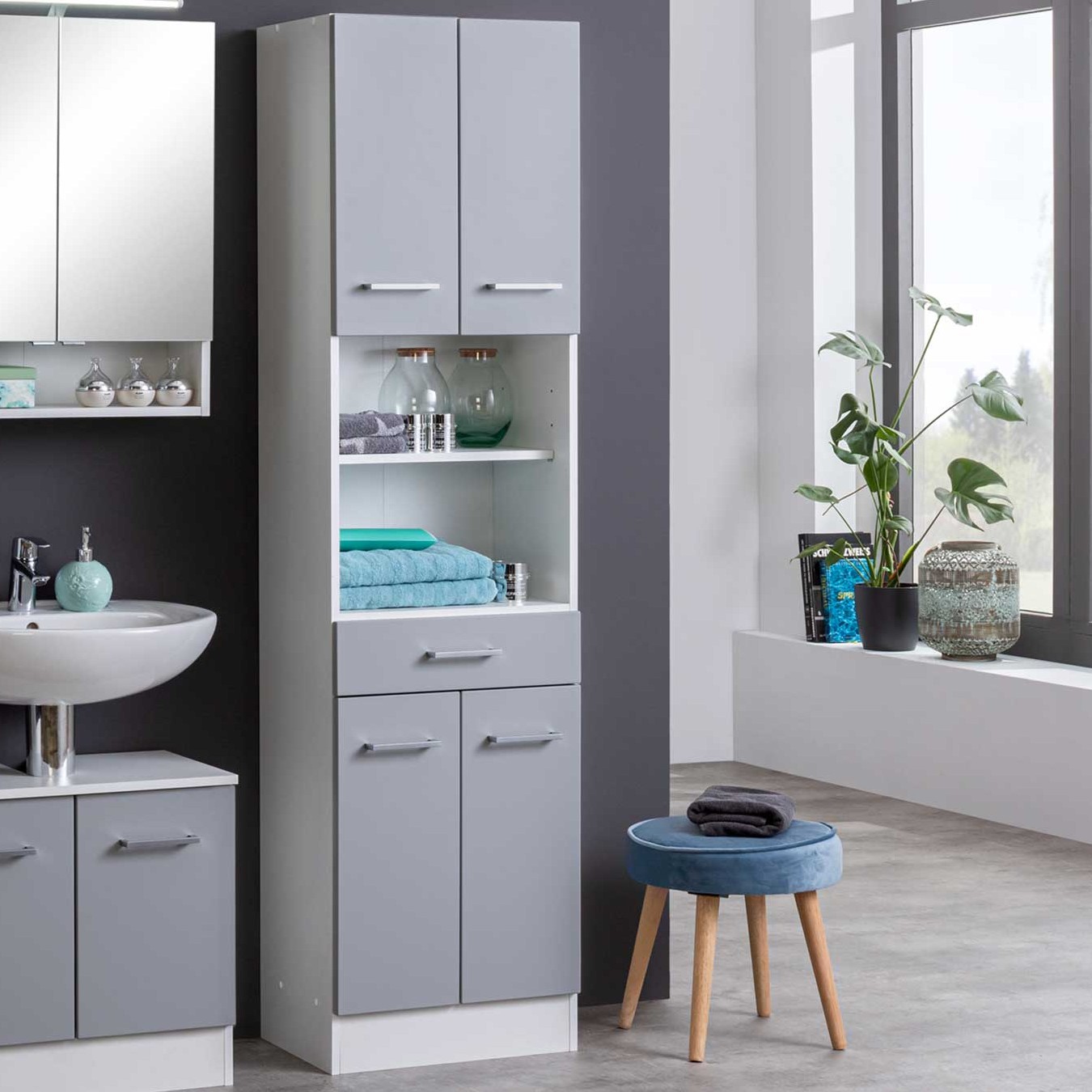 Colonne Ricca 50cm 4 portes & 1 tiroir - blanc/gris clair