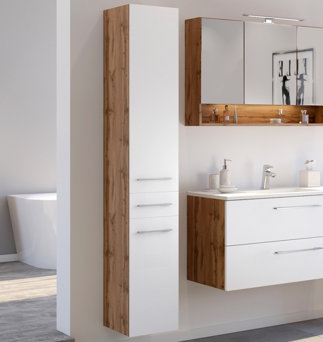 Colonne Sefa 30cm 2 portes & 1 tiroir - chêne/blanc - Image 1