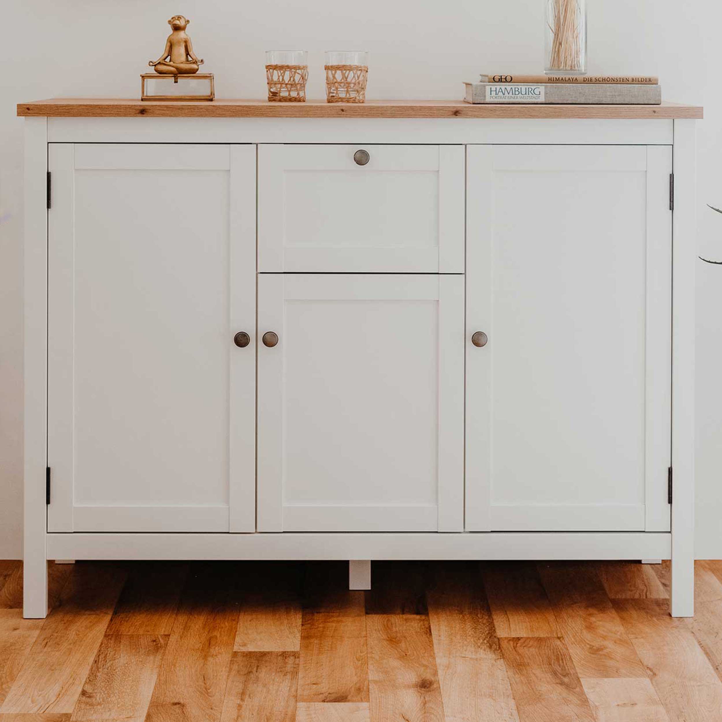 Commode Berge 120cm 3 portes & 1 tiroir - blanc/chêne