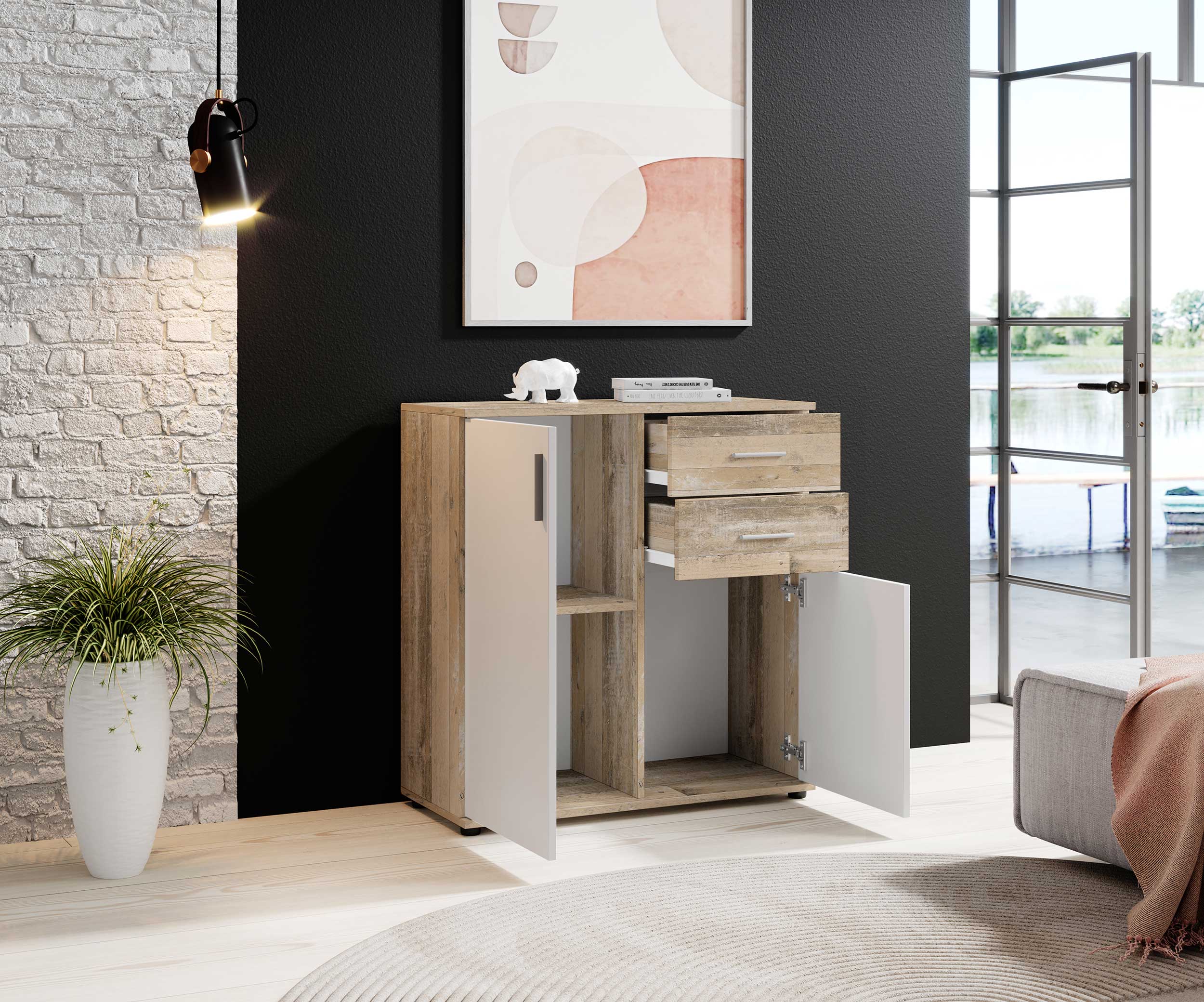 Commode Debby 2 portes 2 tiroirs - blanc/chêne - Image 3