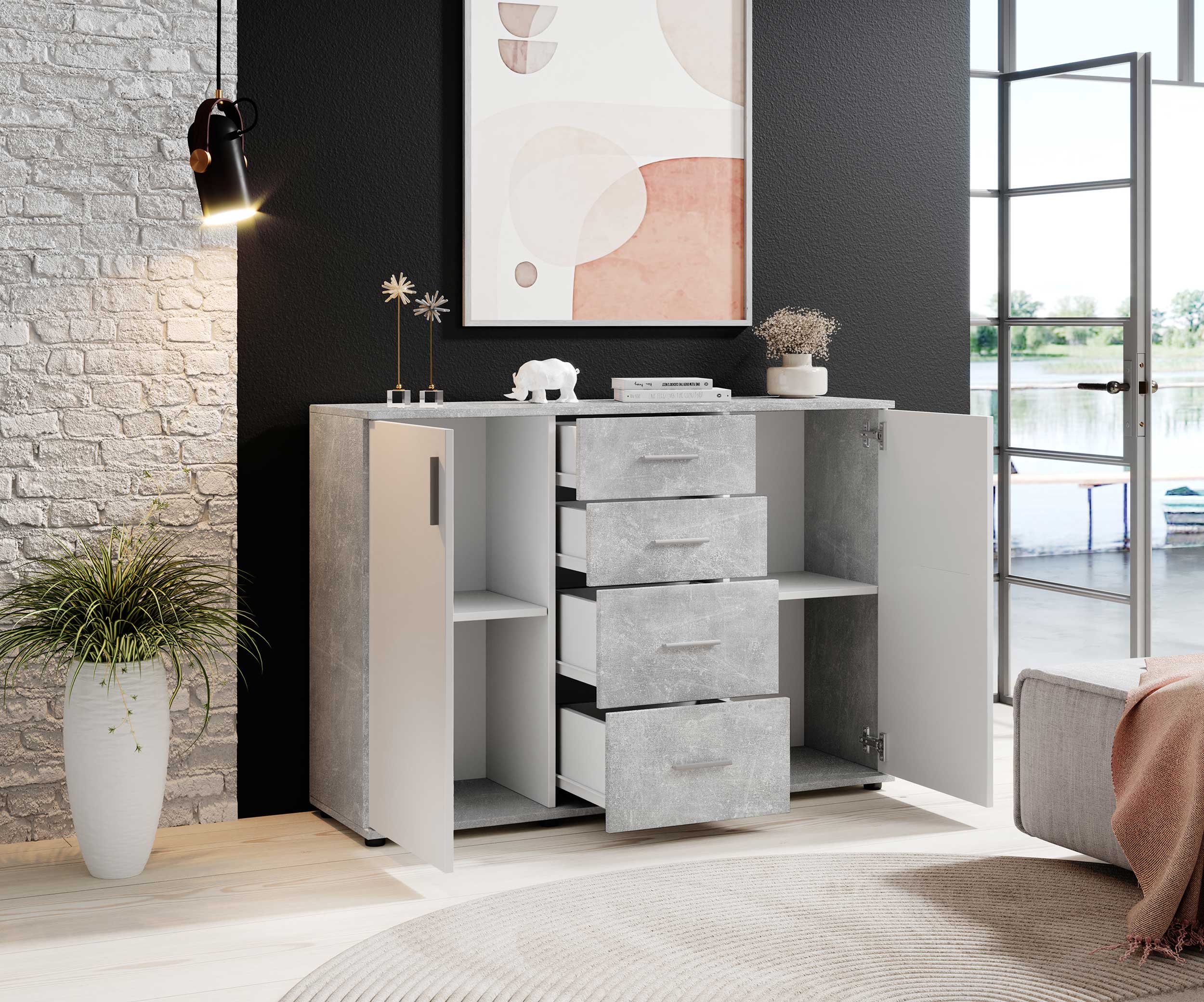 Commode Debby 2 portes 4 tiroirs - blanc/béton - Image 3