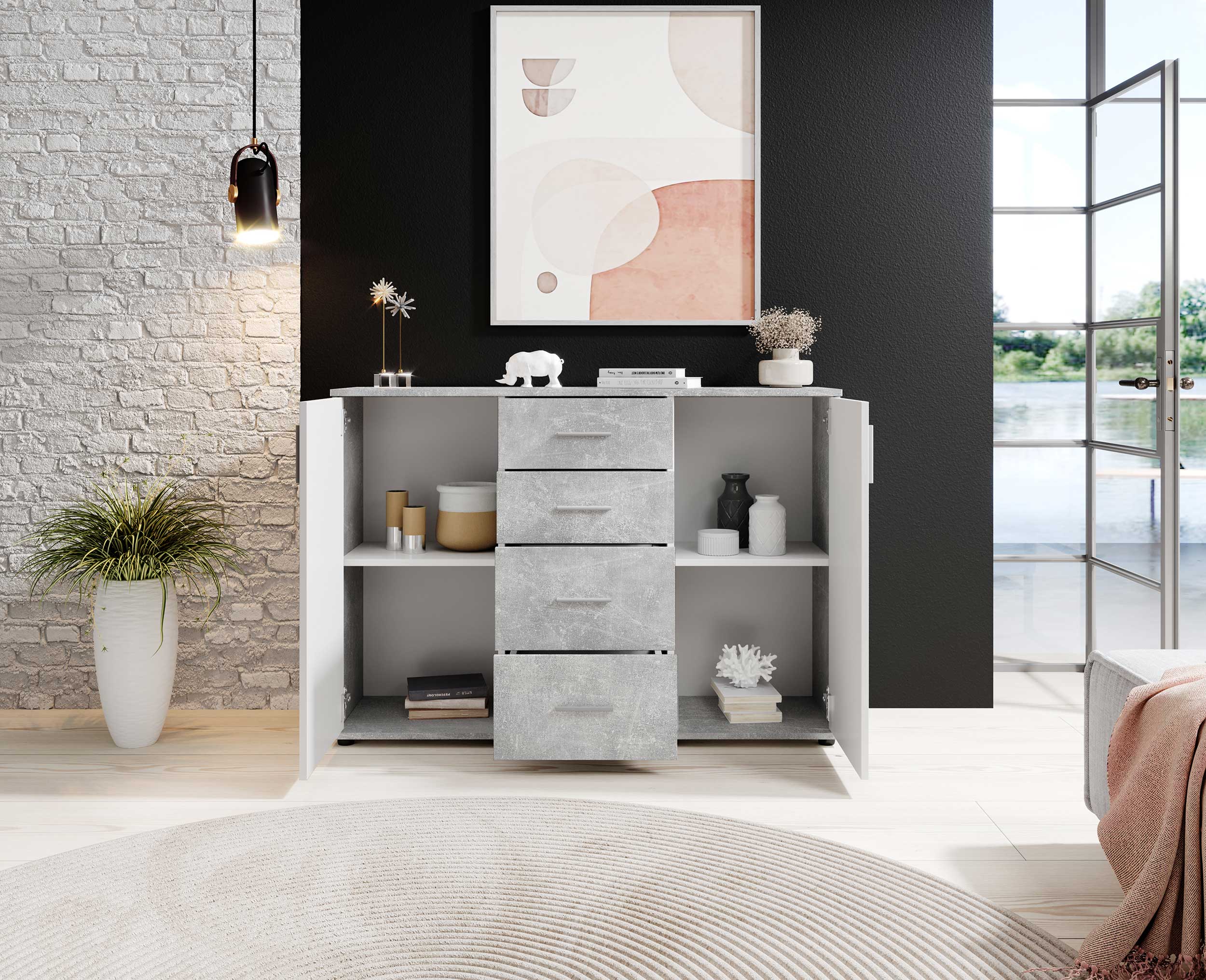 Commode Debby 2 portes 4 tiroirs - blanc/béton - Image 4