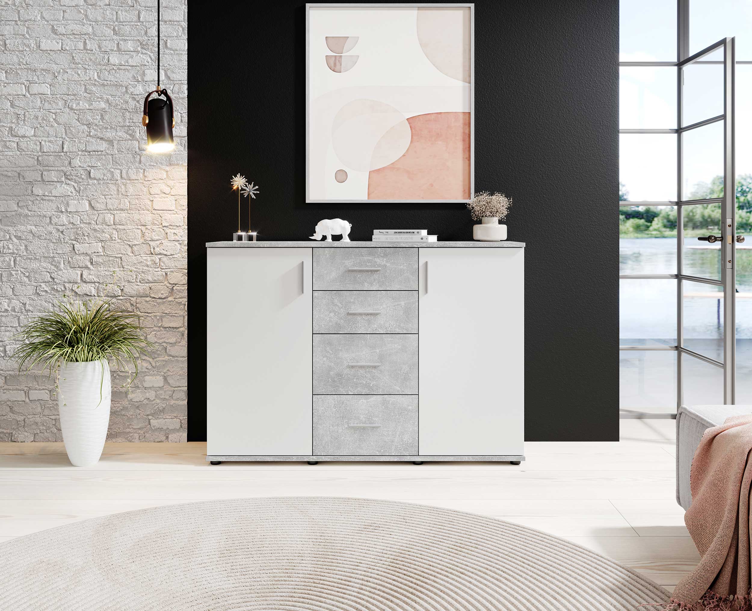 Commode Debby 2 portes 4 tiroirs - blanc/béton - Image 7