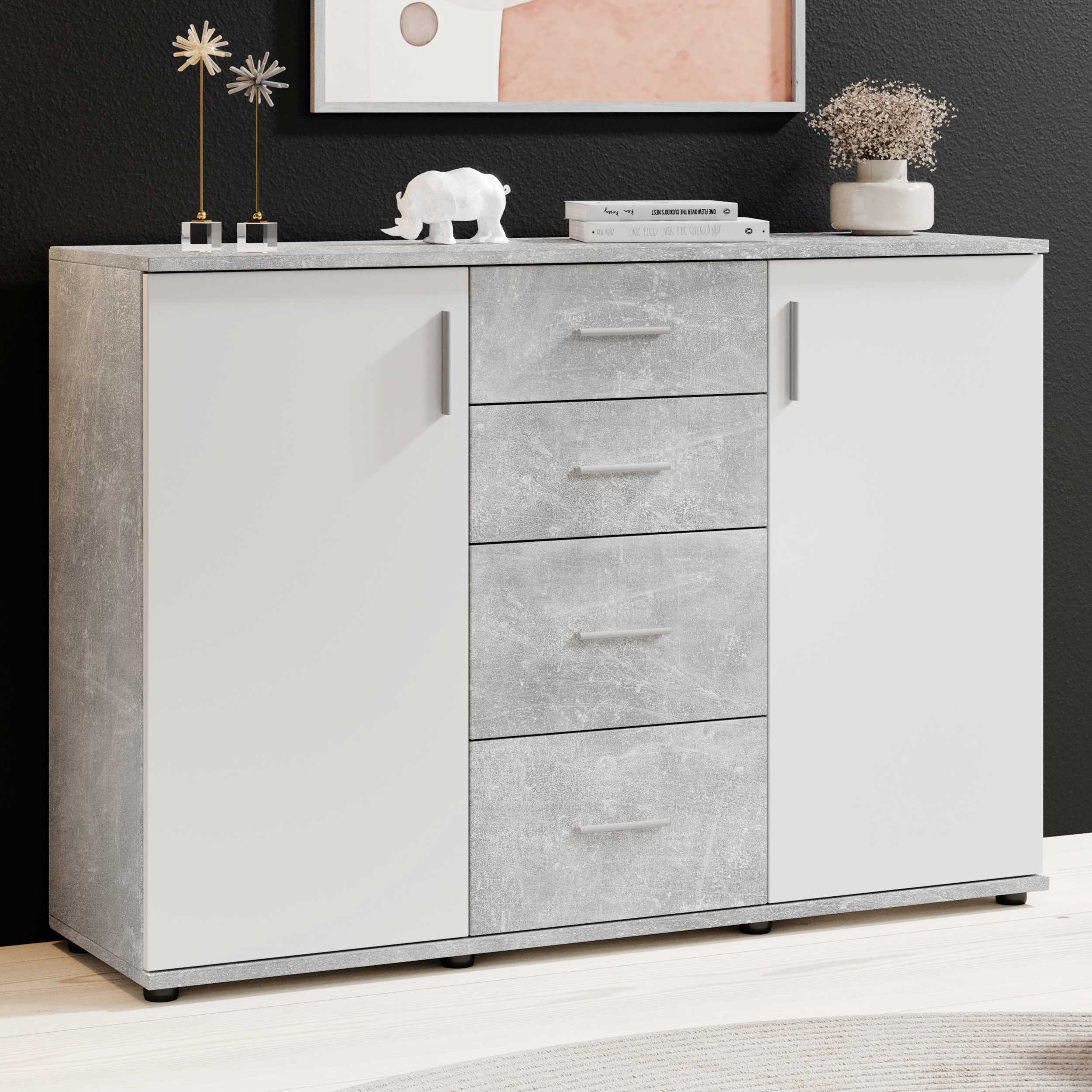 Commode Debby 2 portes 4 tiroirs - blanc/béton