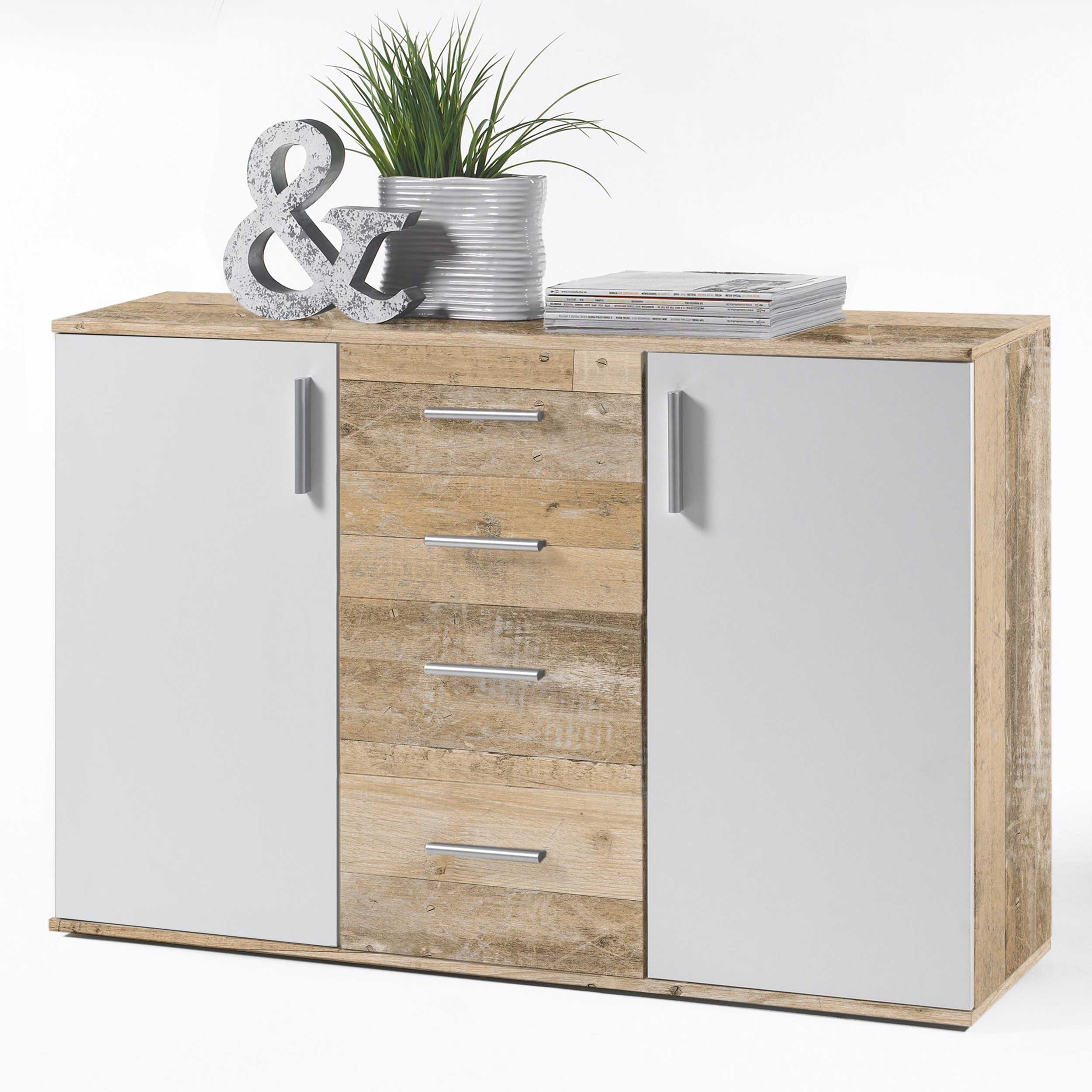 Commode Debby 2 portes 4 tiroirs - blanc/chêne