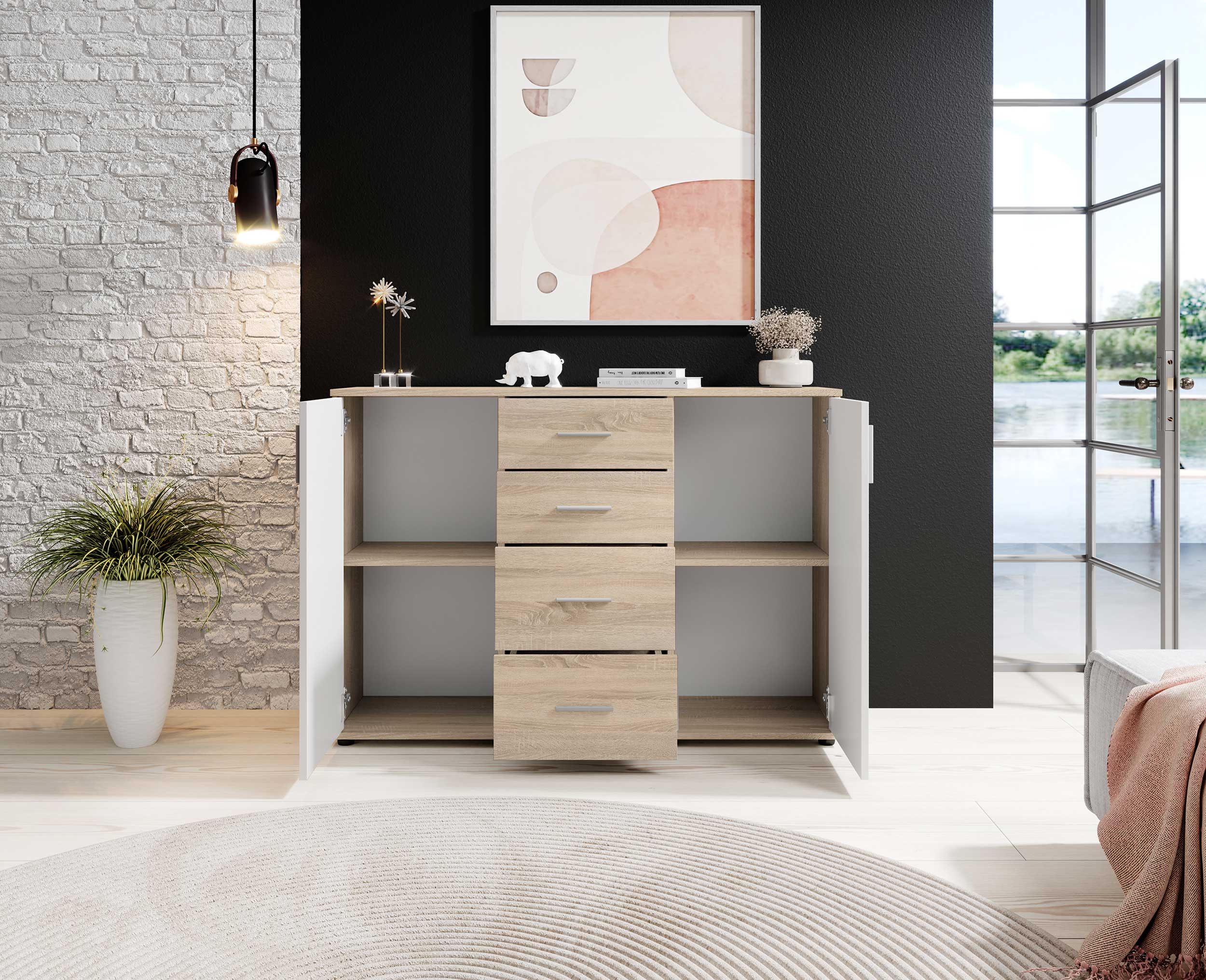 Commode Debby 2 portes et 4 tiroirs - blanc/chêne sonoma - Image 2