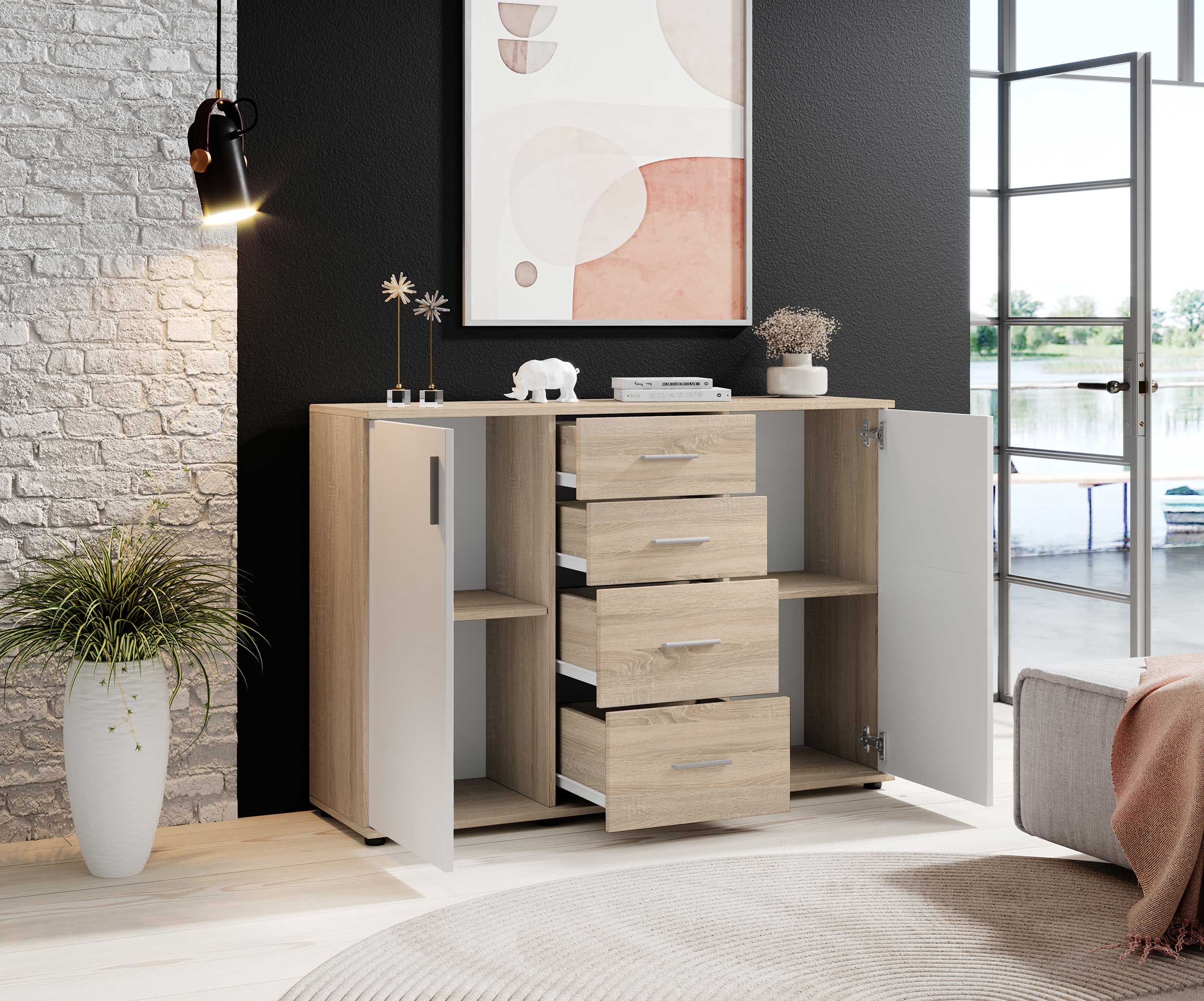 Commode Debby 2 portes et 4 tiroirs - blanc/chêne sonoma - Image 3