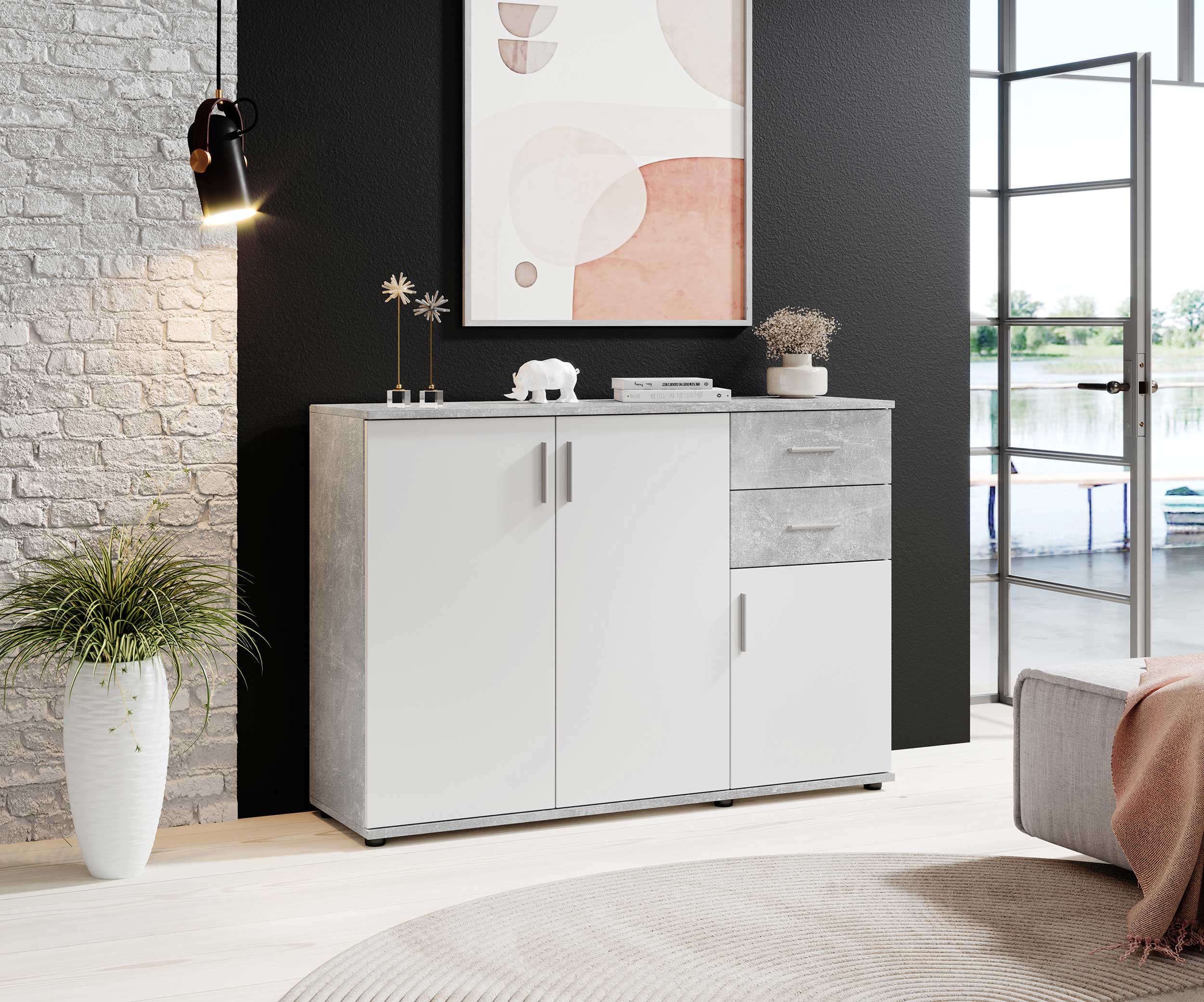 Commode Debby 3 portes 2 tiroirs - blanc/béton - Image 5