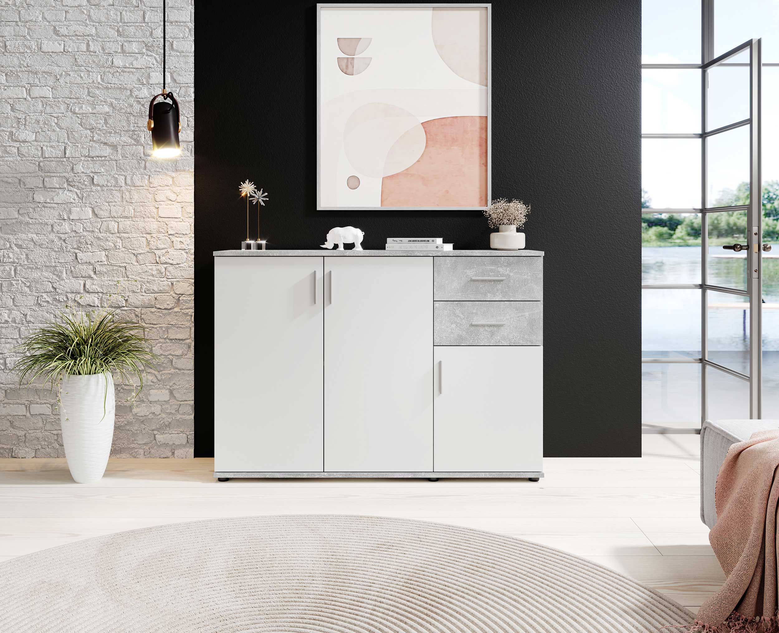 Commode Debby 3 portes 2 tiroirs - blanc/béton - Image 6