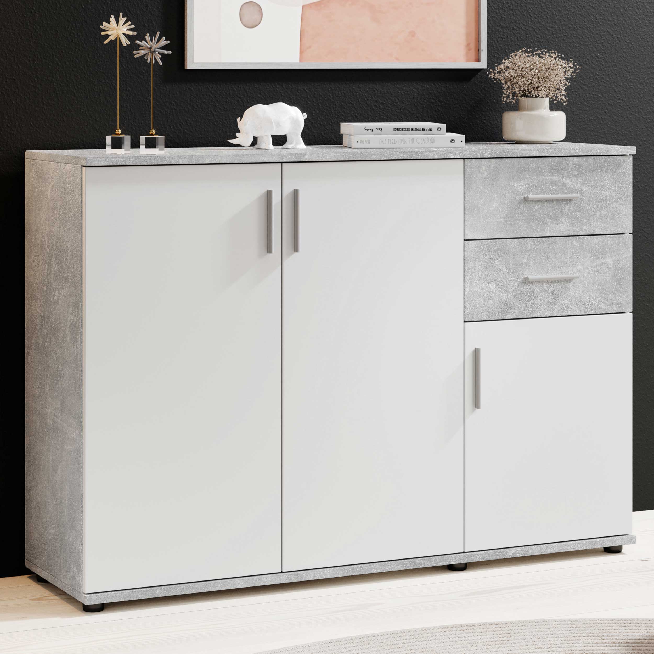 Commode Debby 3 portes 2 tiroirs - blanc/béton - Image 1