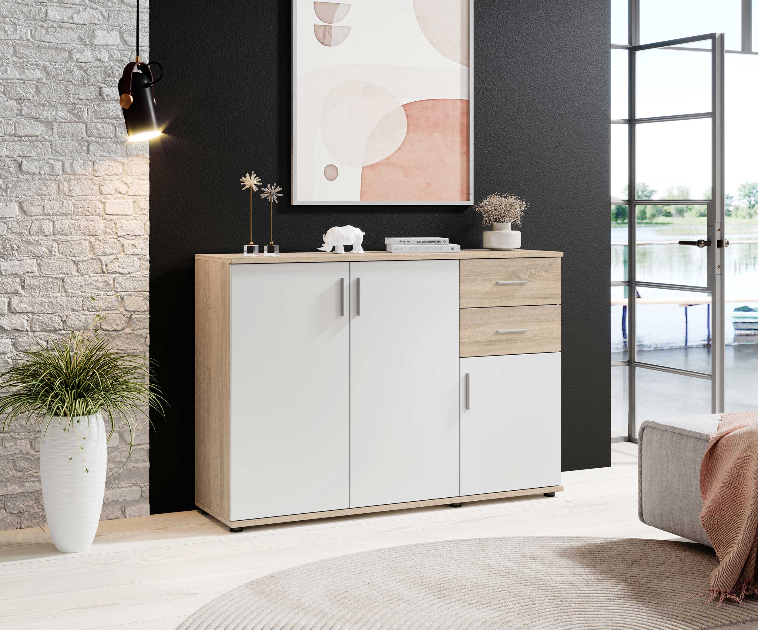 Commode Debby 3 portes 2 tiroirs - blanc/chêne - Image 6