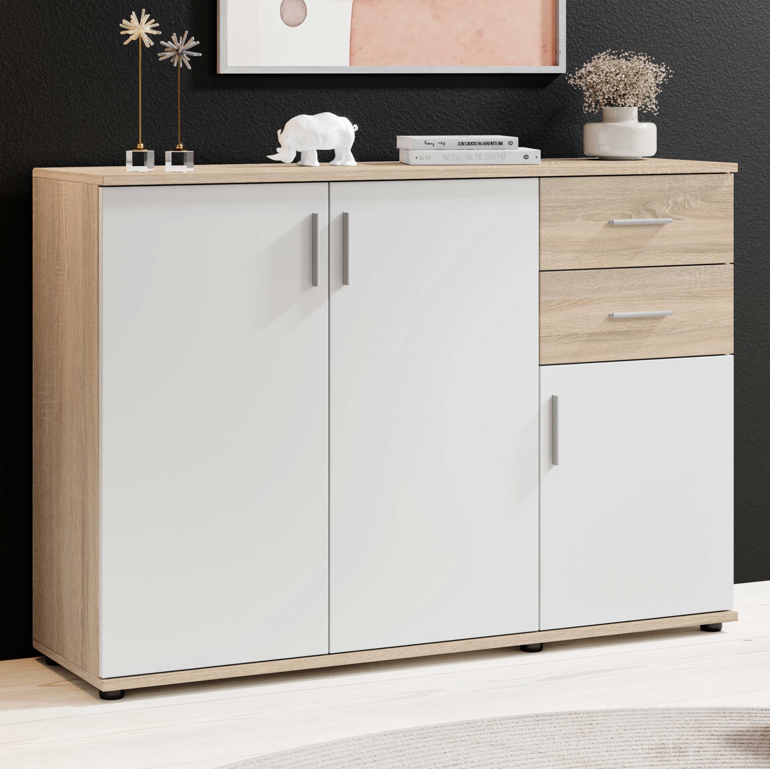 Commode Debby 3 portes 2 tiroirs - blanc/chêne - Image 1