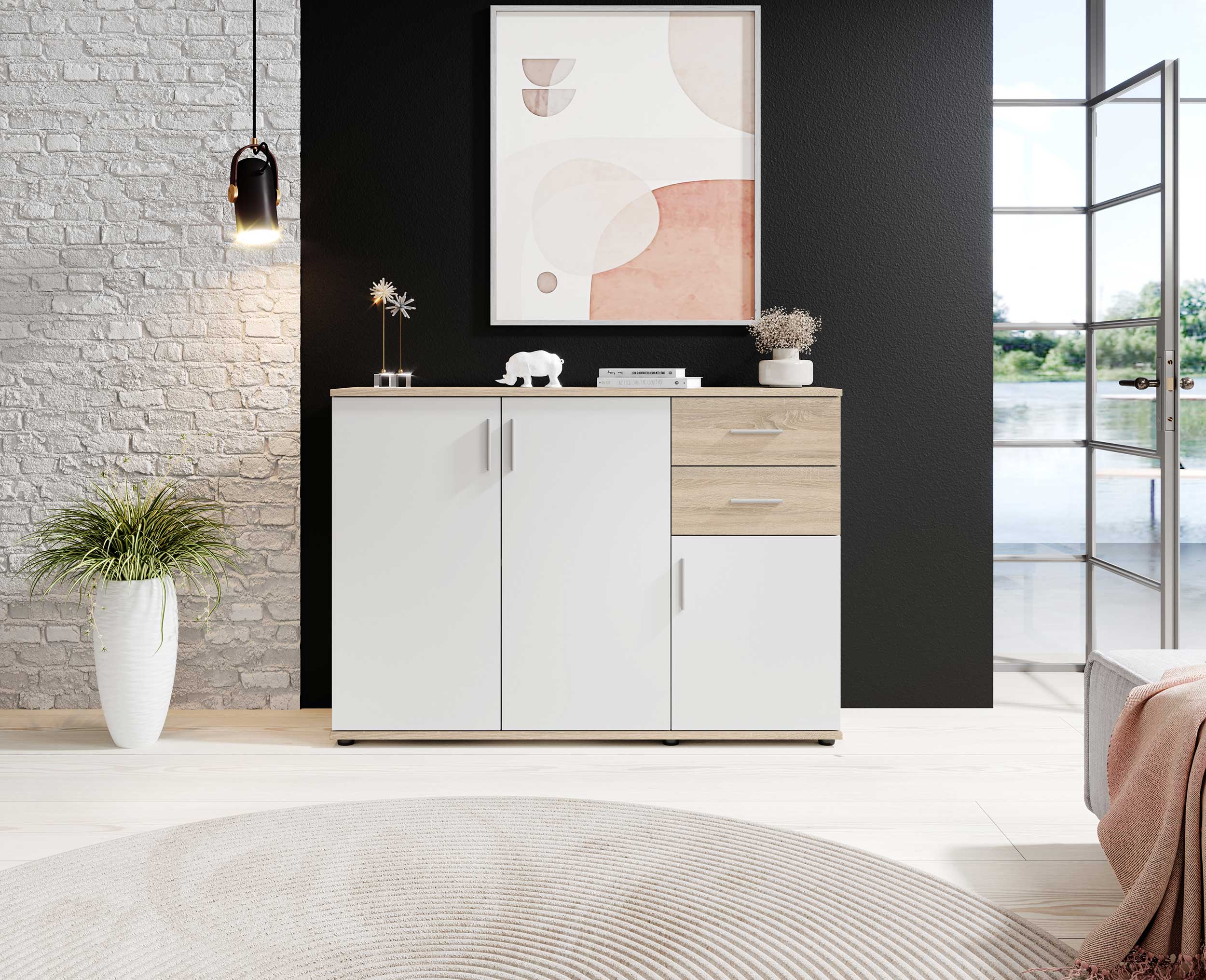 Commode Debby 3 portes et 2 tiroirs - blanc/chêne sonoma - Image 7