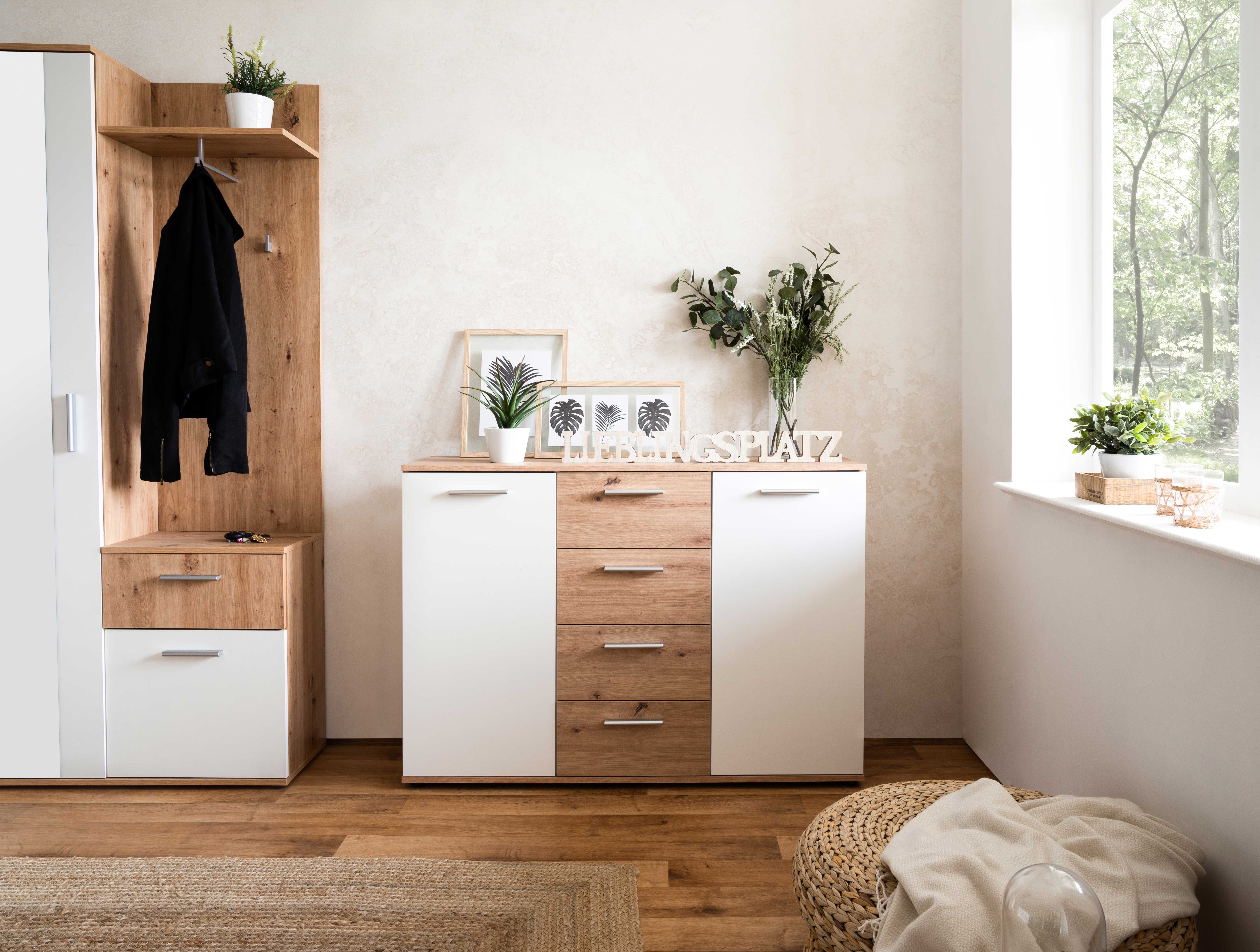 Commode Jakob 120cm, 2 portes & 4 tiroirs - décor en chêne/blanc - Image 11