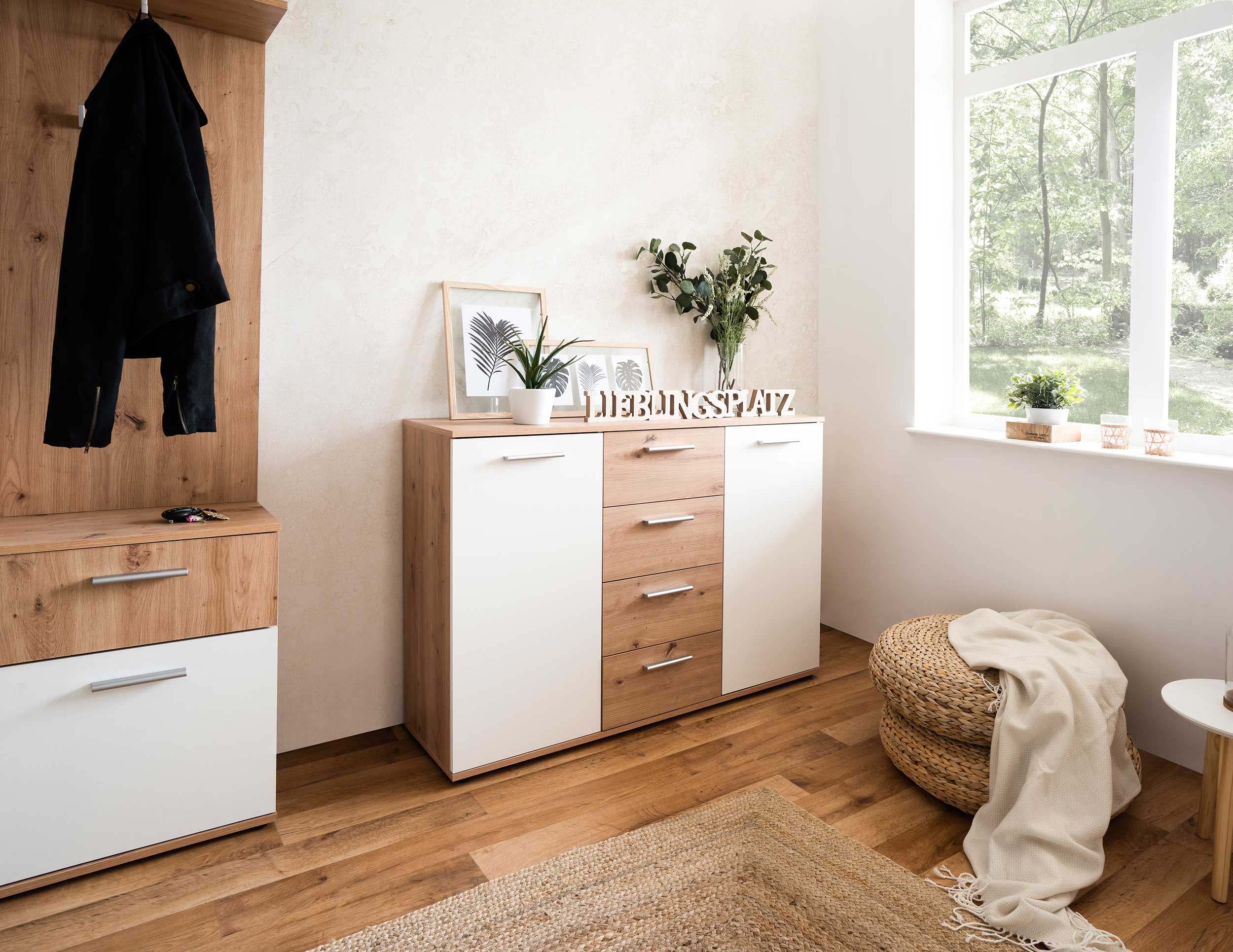 Commode Jakob 120cm, 2 portes & 4 tiroirs - décor en chêne/blanc - Image 12