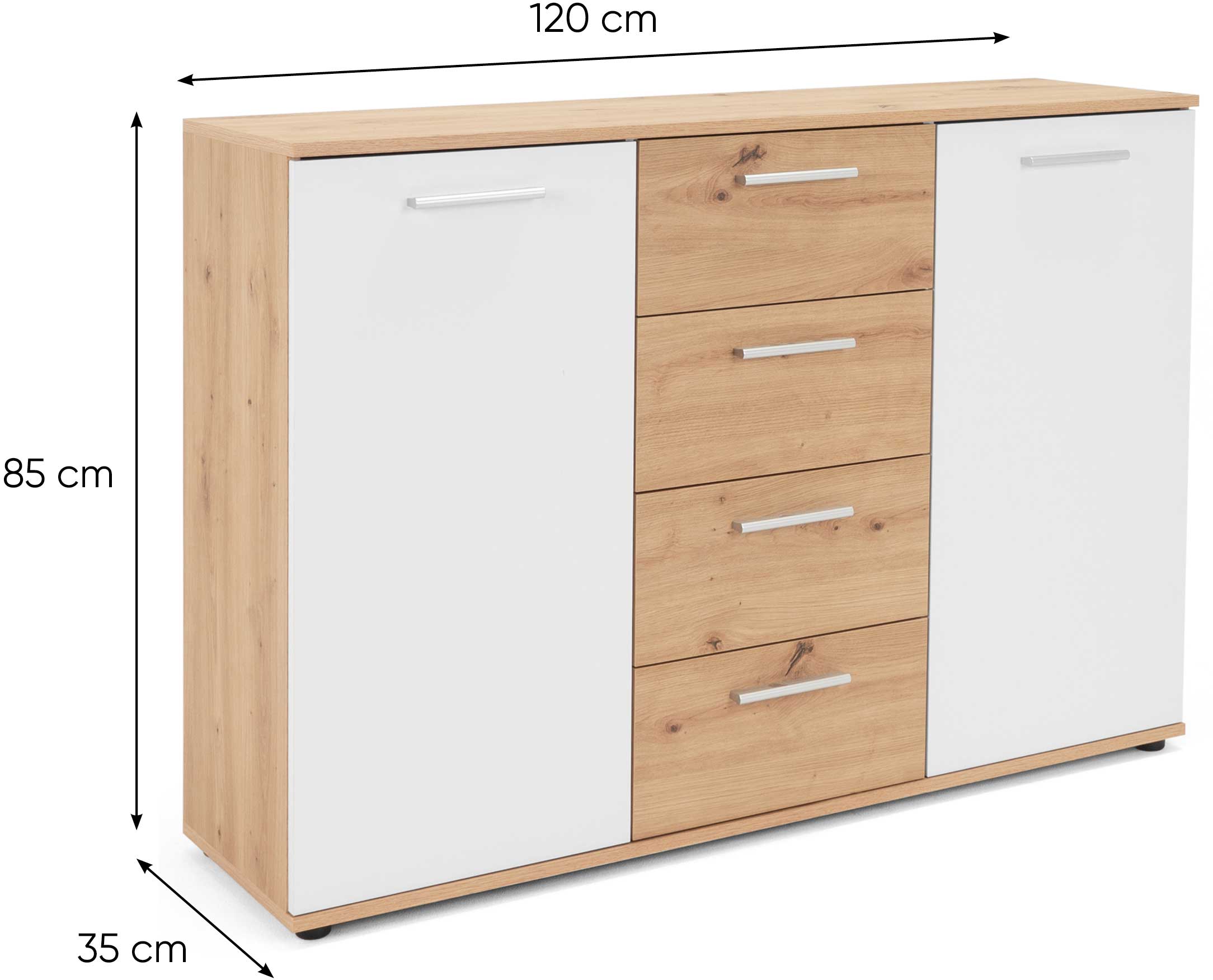 Commode Jakob 120cm, 2 portes & 4 tiroirs - décor en chêne/blanc - Image 3