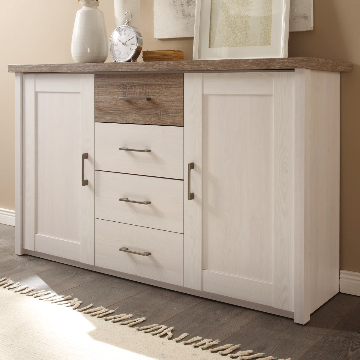 Commode Larnaca 150cm avec 4 tiroirs & 2 portes - blanc