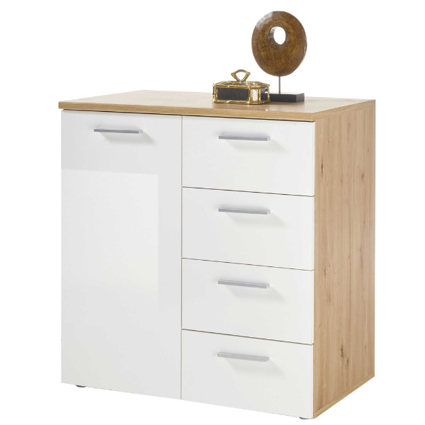 Commode Lobi 1 porte 4 tiroirs - blanc brillant/bois - Image 1