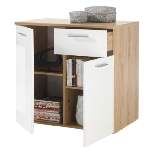Commode Lobi 2 portes 1 tiroir - blanc brillant/bois - Image 2