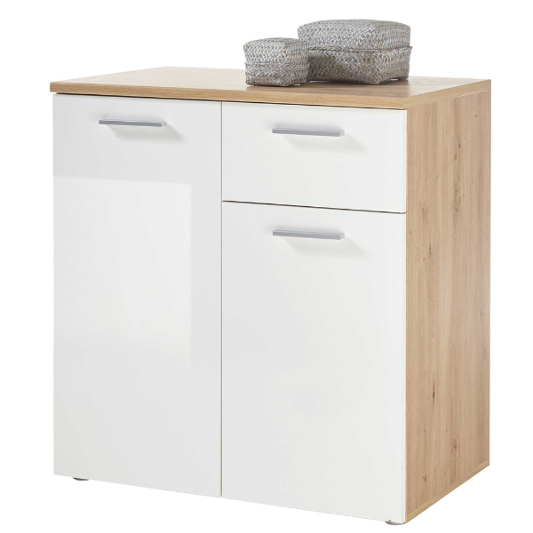 Commode Lobi 2 portes 1 tiroir - blanc brillant/bois - Image 1
