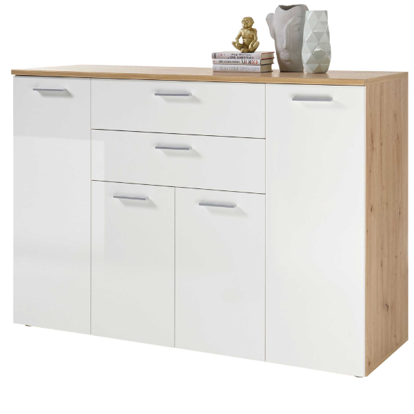 Commode Lobi 4 portes 2 tiroirs - blanc brillant/bois - Image 1