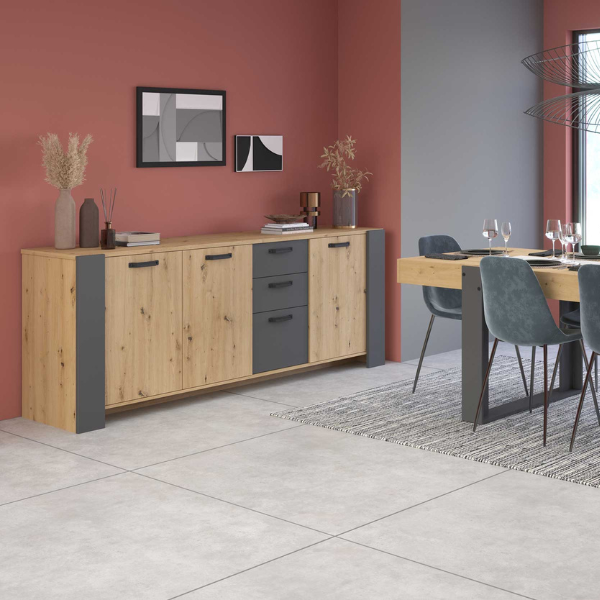 Commode Londen-220cm-3 portes tournantes, 3 tiroirs, 2 étagères-chêne/gris ombre - Image 2