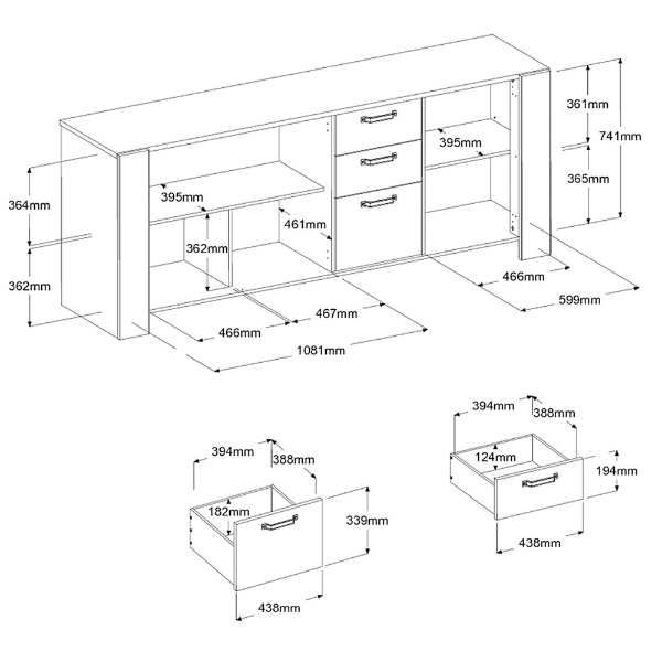 Commode Londen-220cm-3 portes tournantes, 3 tiroirs, 2 étagères-chêne/gris ombre - Image 3