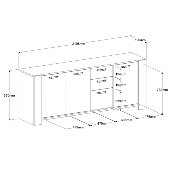 Commode Londen-220cm-3 portes tournantes, 3 tiroirs, 2 étagères-chêne/gris ombre - Image 4