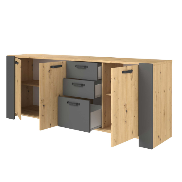 Commode Londen-220cm-3 portes tournantes, 3 tiroirs, 2 étagères-chêne/gris ombre - Image 7