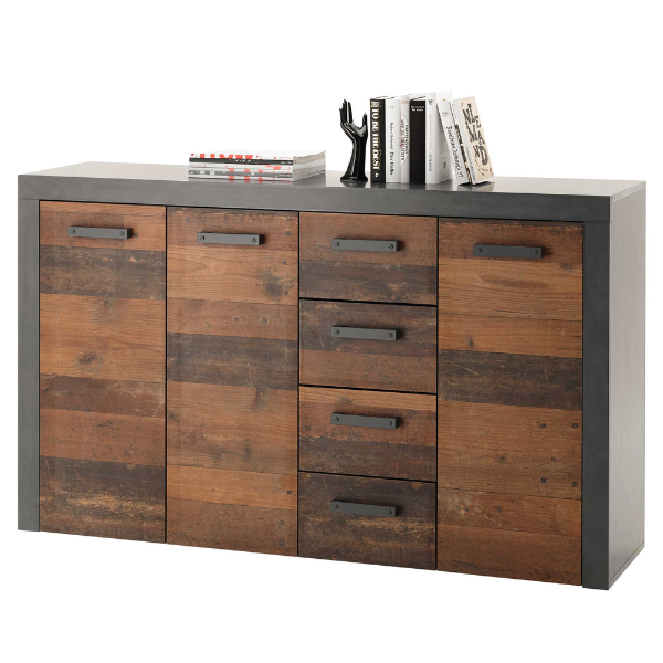 Commode Tarma 3 portes 4 tiroirs - anthracite/ancien bois