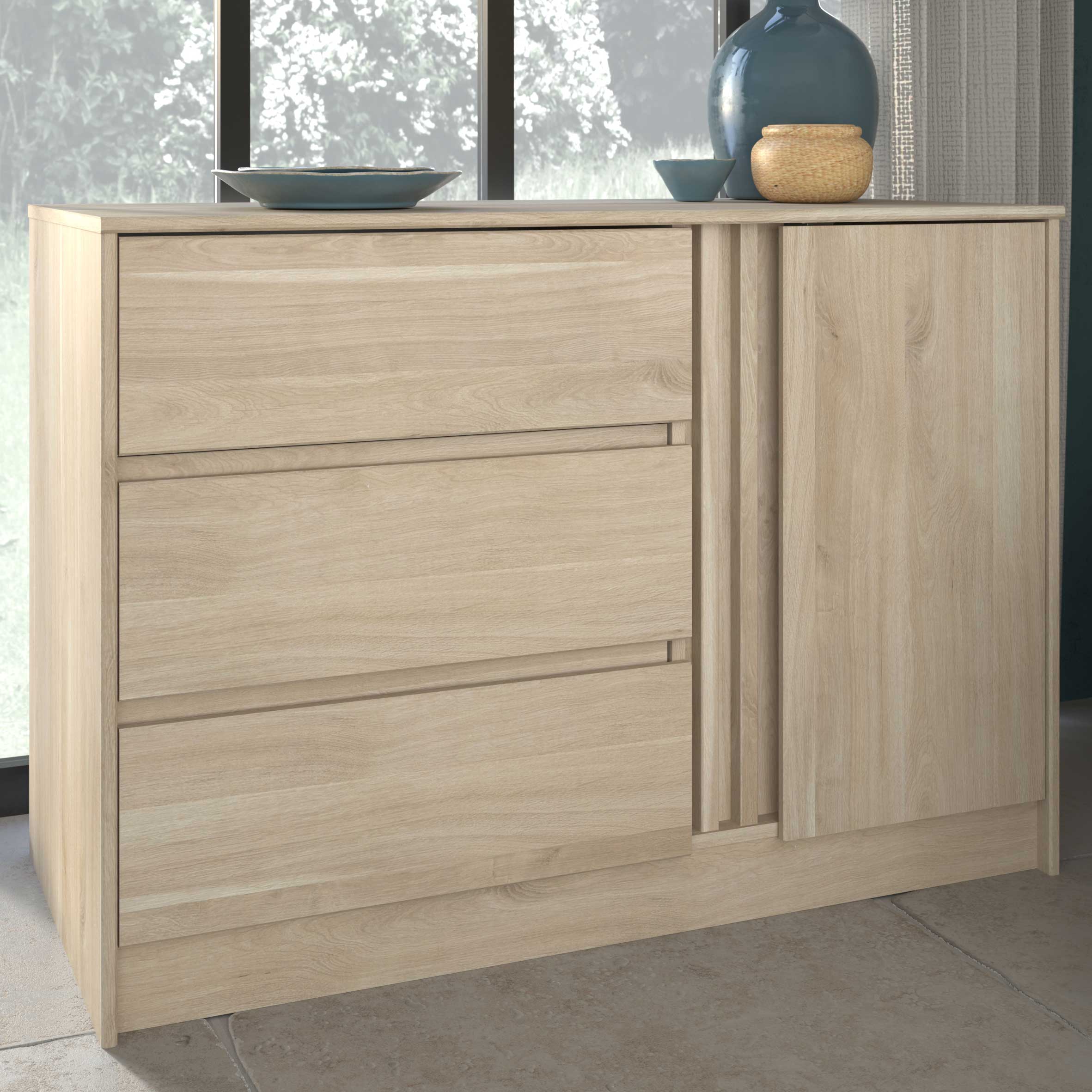 Commode Tokio 77cm-3 tiroirs, 1 porte tournante, 1 étagère-décor chêne